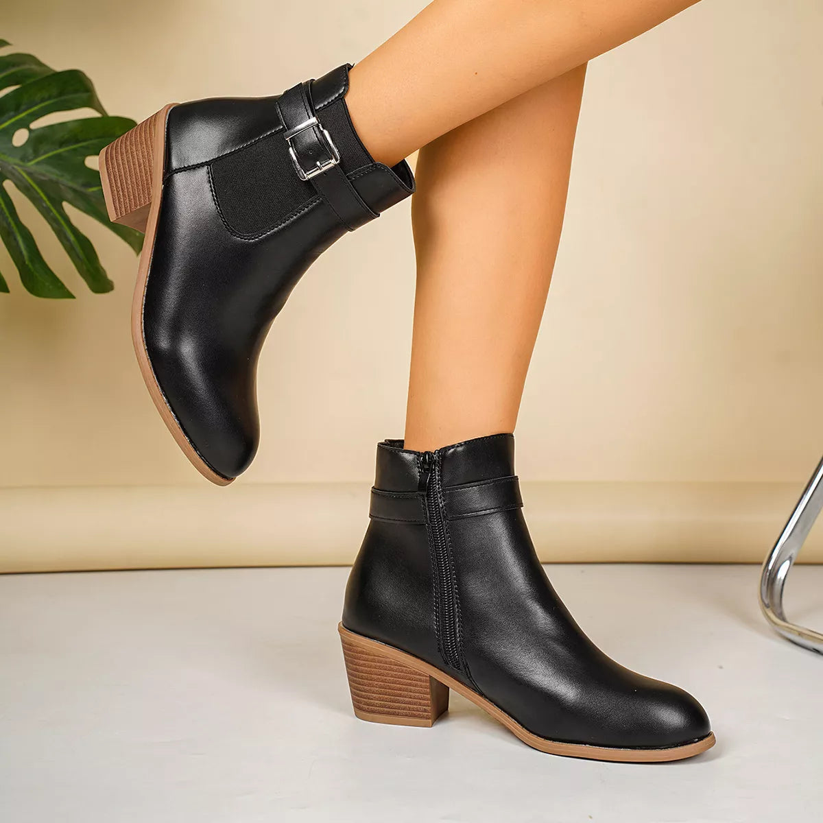Point Toe Block Heels Boots - Black - View 4