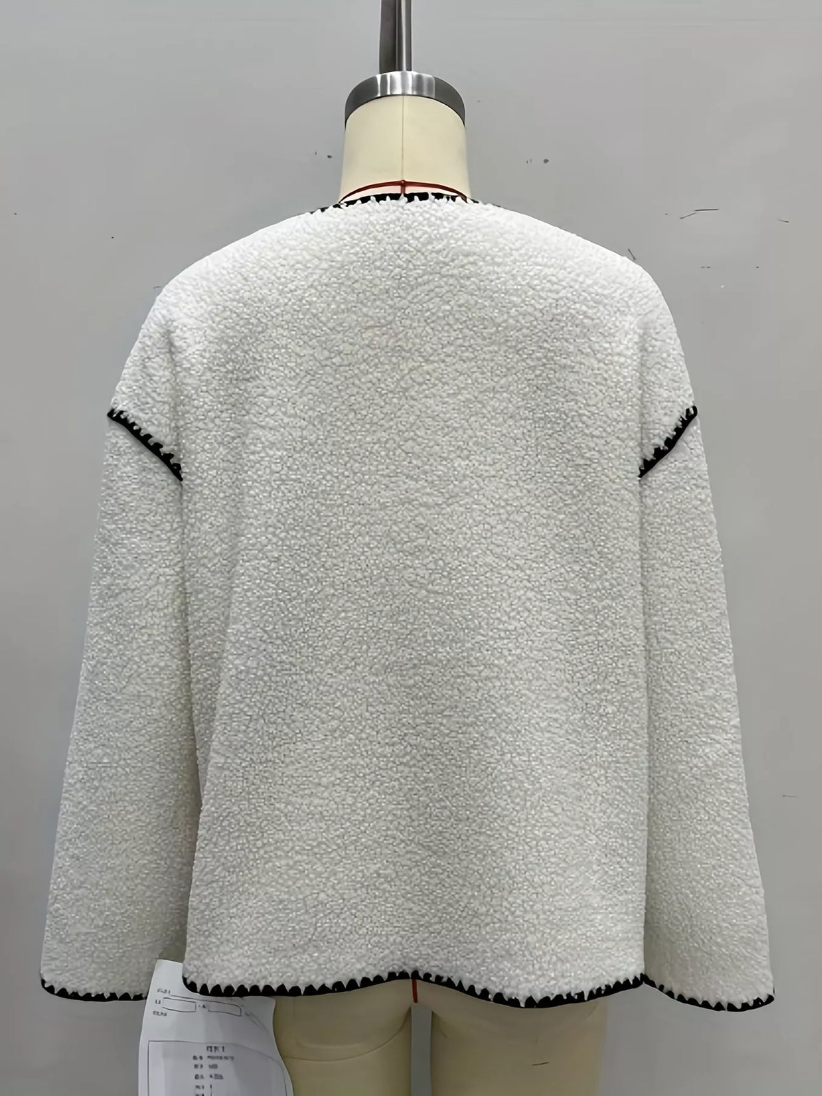 Faux Shearling Contrast Trim Button-Down Outerwear - White - View 6
