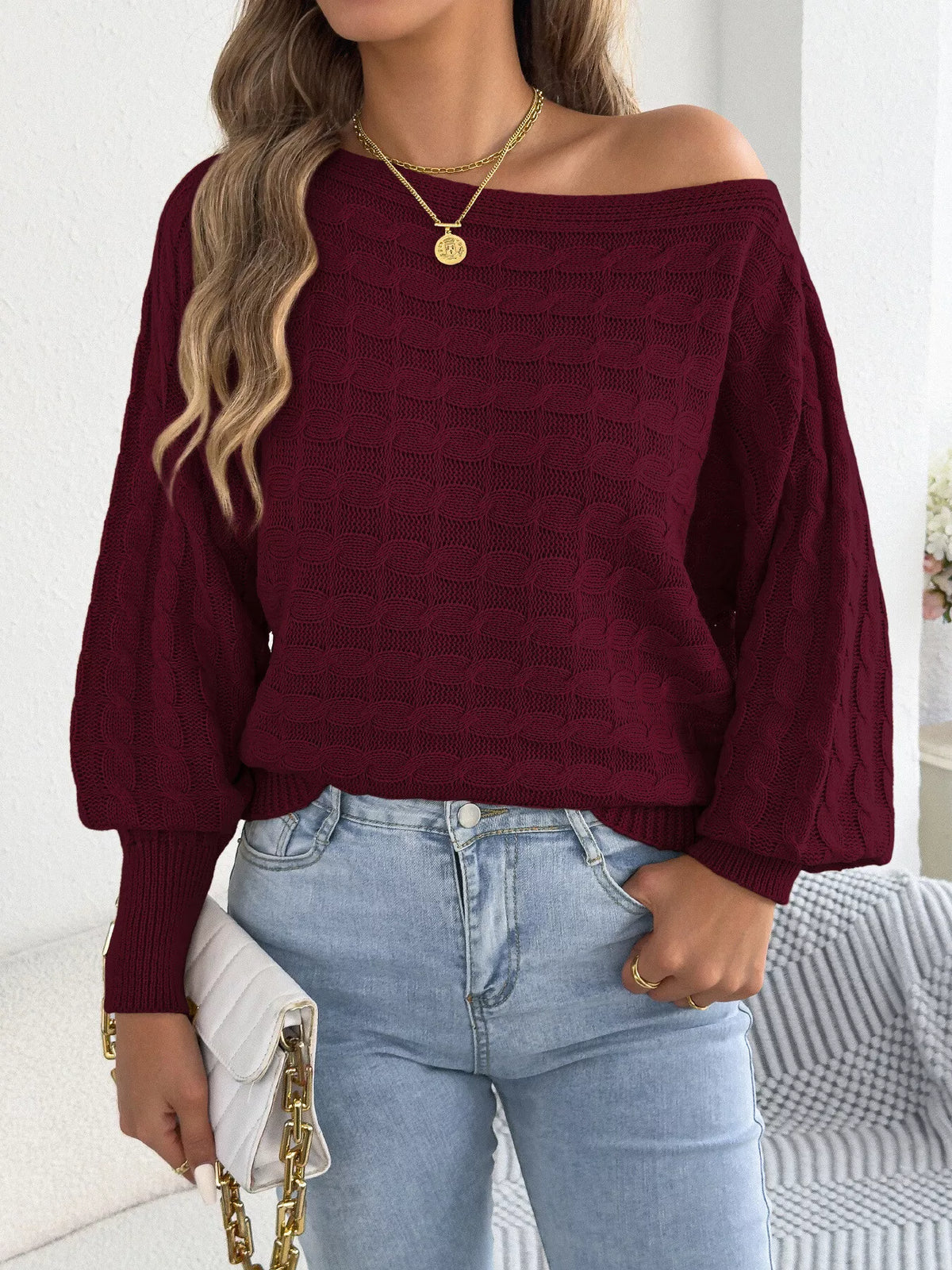 Cable Knit Boat Neck Sweater - Burgundy - View 4