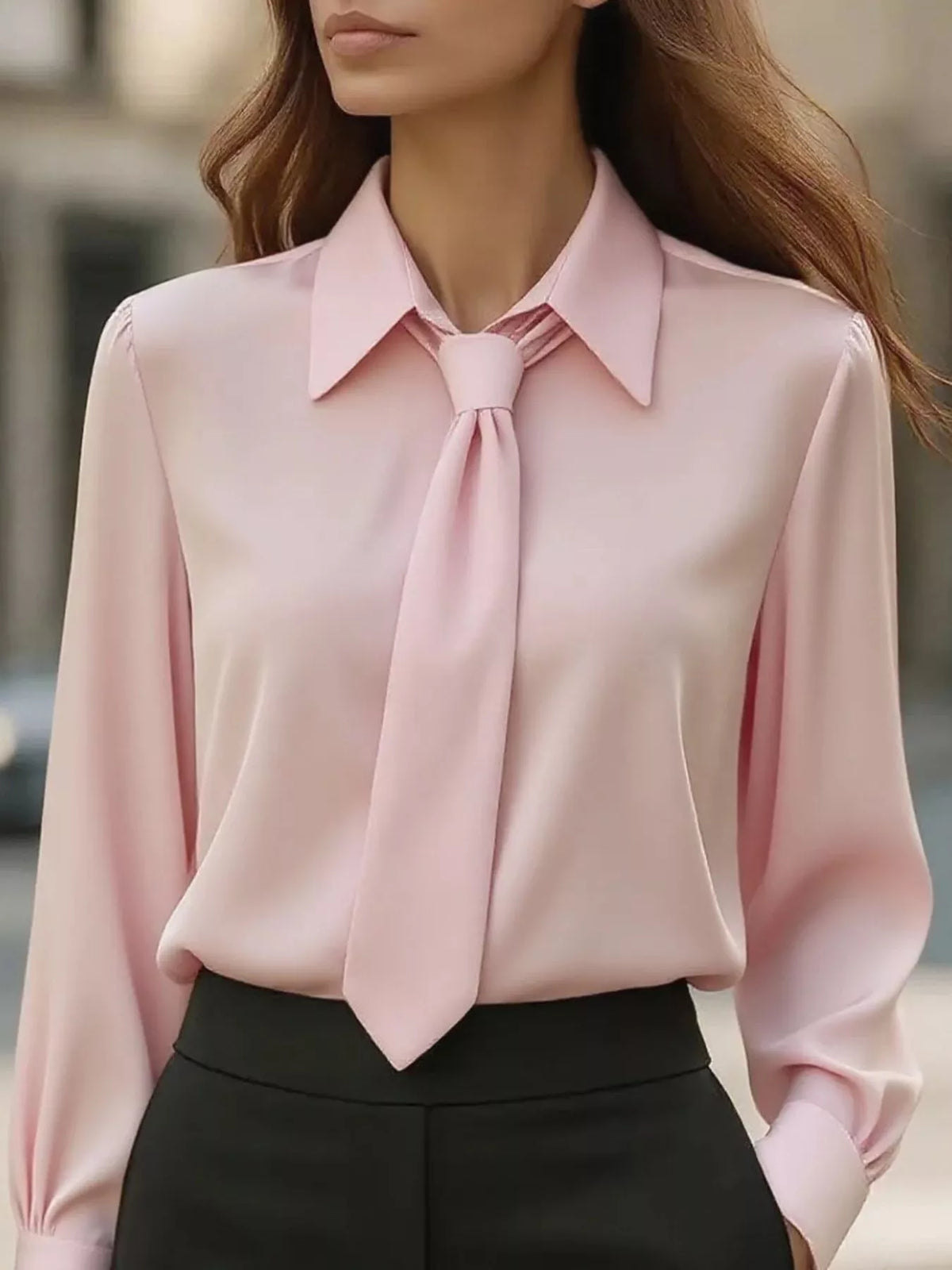 Collared Neck Long Sleeve Blouse - Pink - View 4