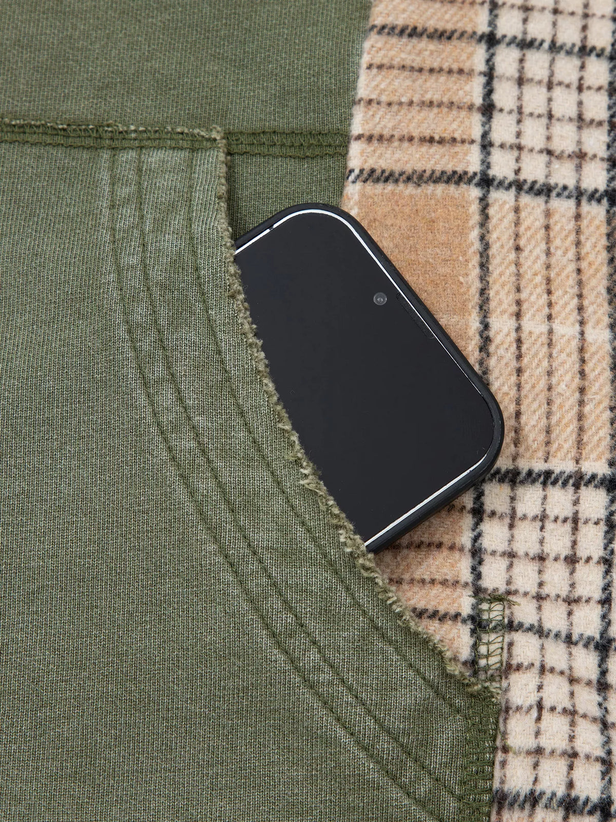 Plaid Sleeve Drawstring Pocket Hoodie - Sage - View 15