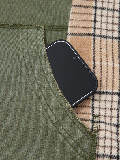Plaid Sleeve Drawstring Pocket Hoodie - Sage - View 15