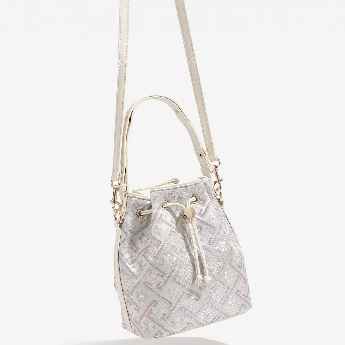 Geometric Pattern Drawstring Crossbody Bucket Bag - Cream - View 5