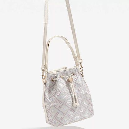 Geometric Pattern Drawstring Crossbody Bucket Bag - Cream - View 5