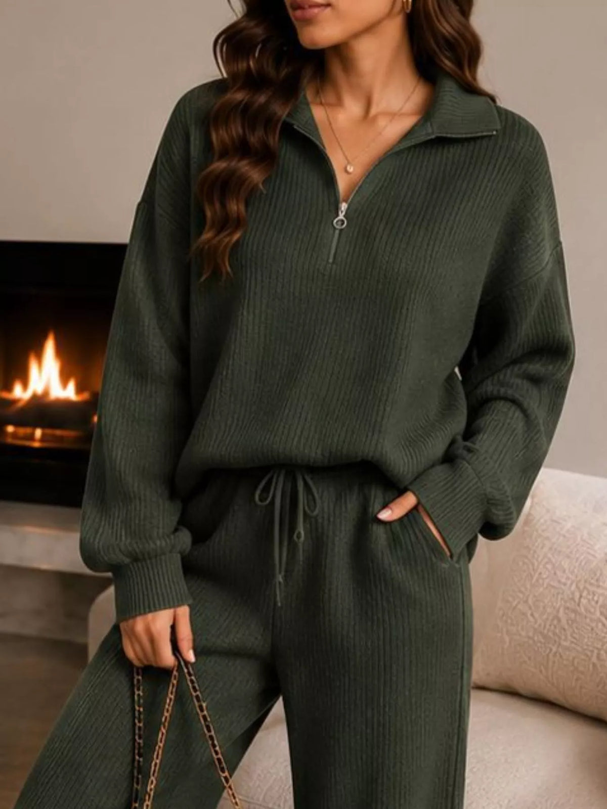 Ribbed Knit Quarter-Zip Top and Wide-Leg Pants Set - Army Green - View 2