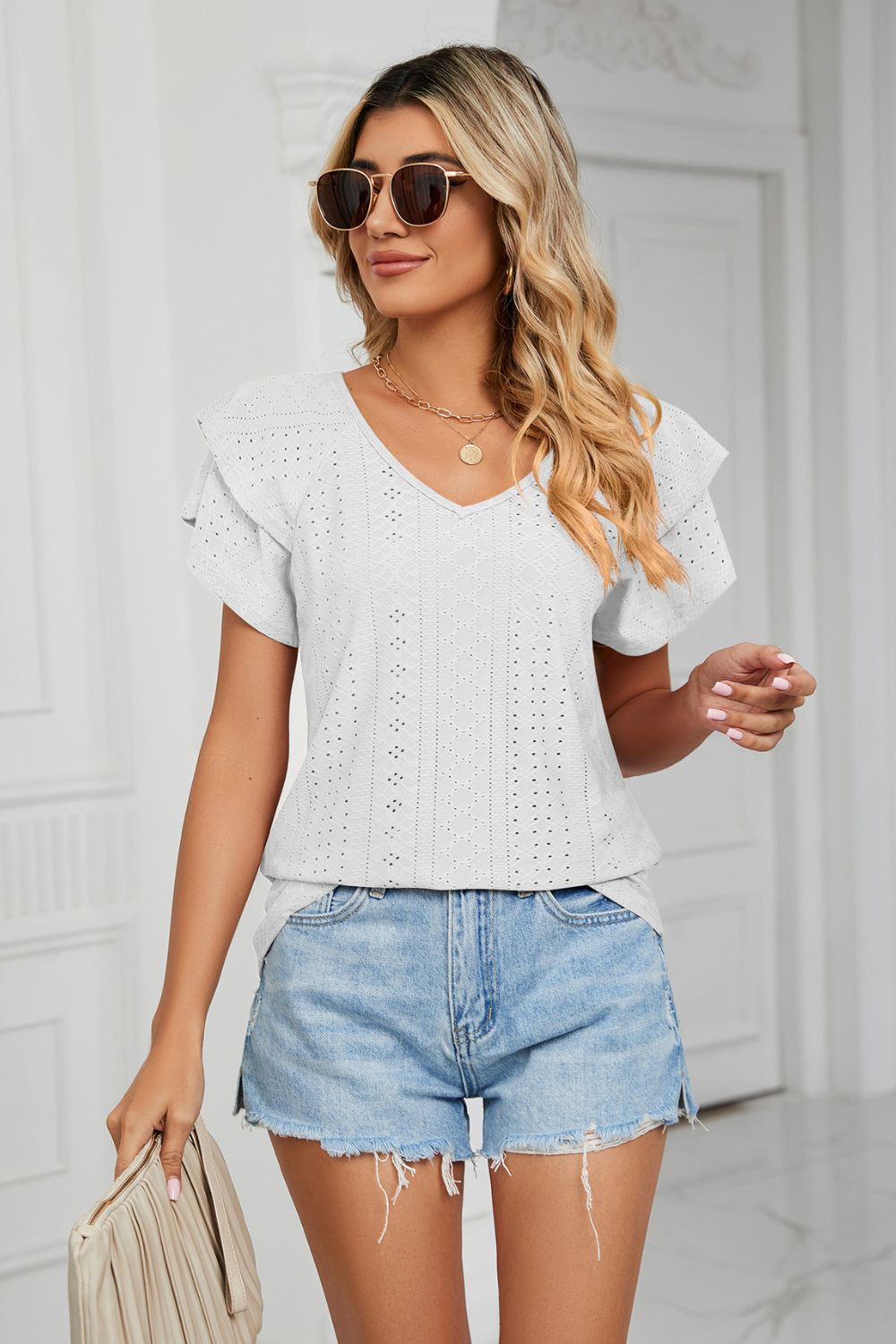 Eyelet Layered Flutter Sleeve V-Neck Knit Top - White - View 19