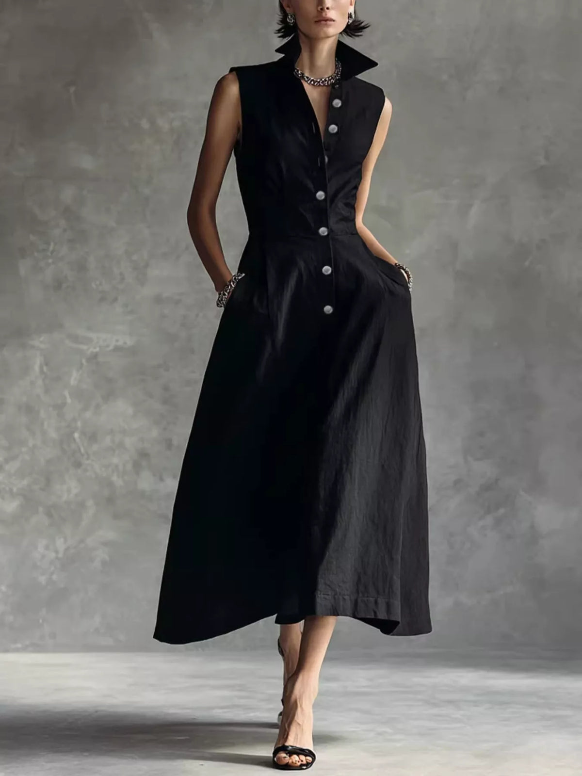 Sleeveless Button-Down Midi Shirt Dress - Black - View 2