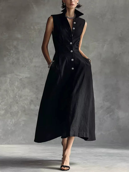 Sleeveless Button-Down Midi Shirt Dress - Black - View 2