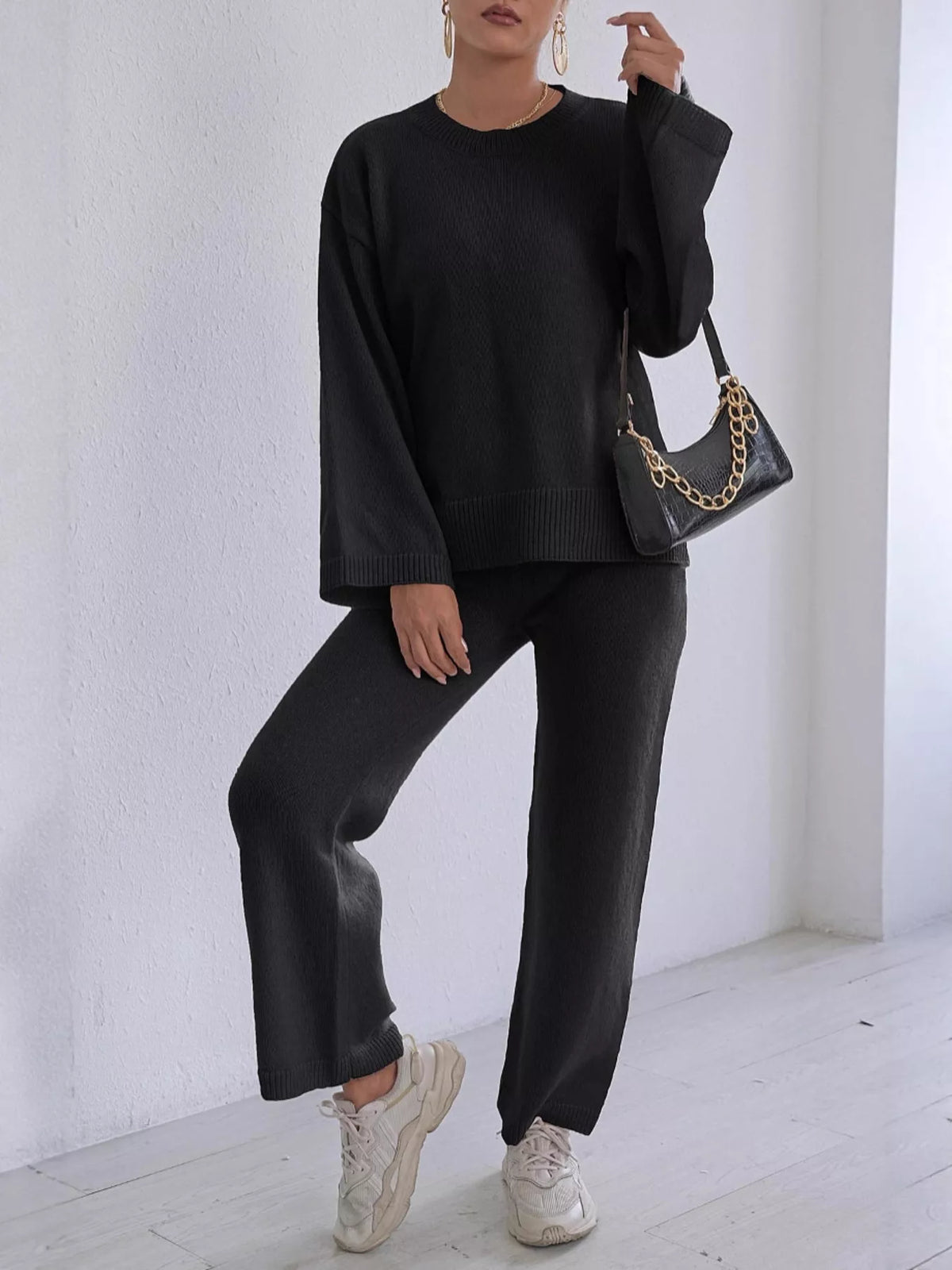 Dropped Shoulder Top and Pants Sweater Set - Black Suit - View 3