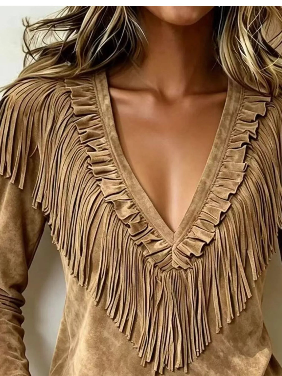 Fringed V-Neck Blouse - Taupe - View 2