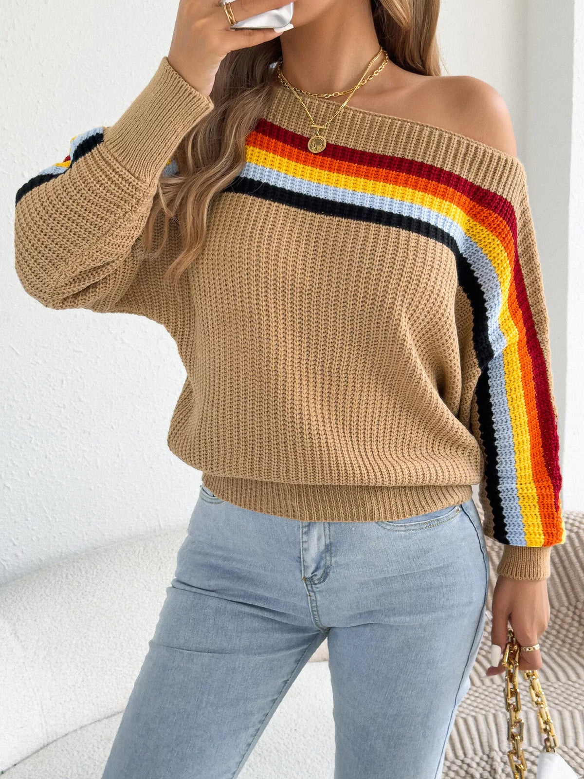 Striped Knit Boat Neck Sweater - Camel - View 3