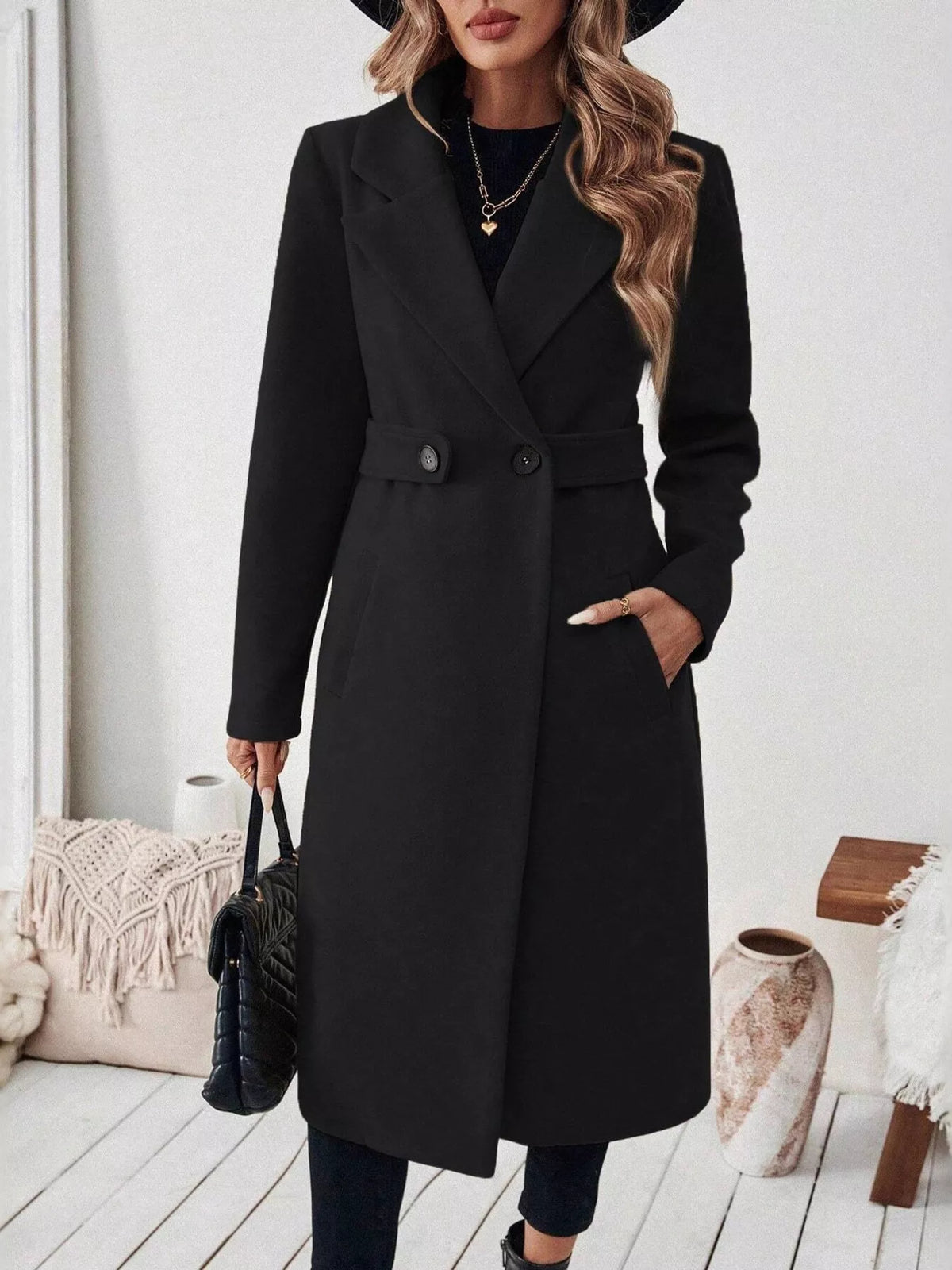 Lapel Collar Longline Coat - Black - View 3