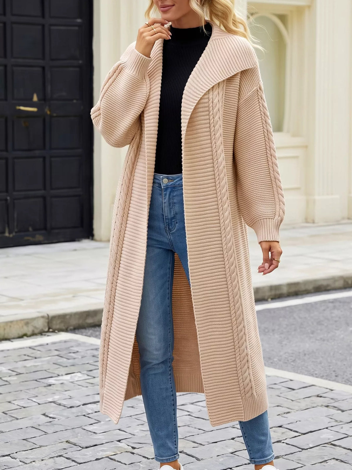 Cable-Knit Open-Front Longline Cardigan - Apricot - View 3