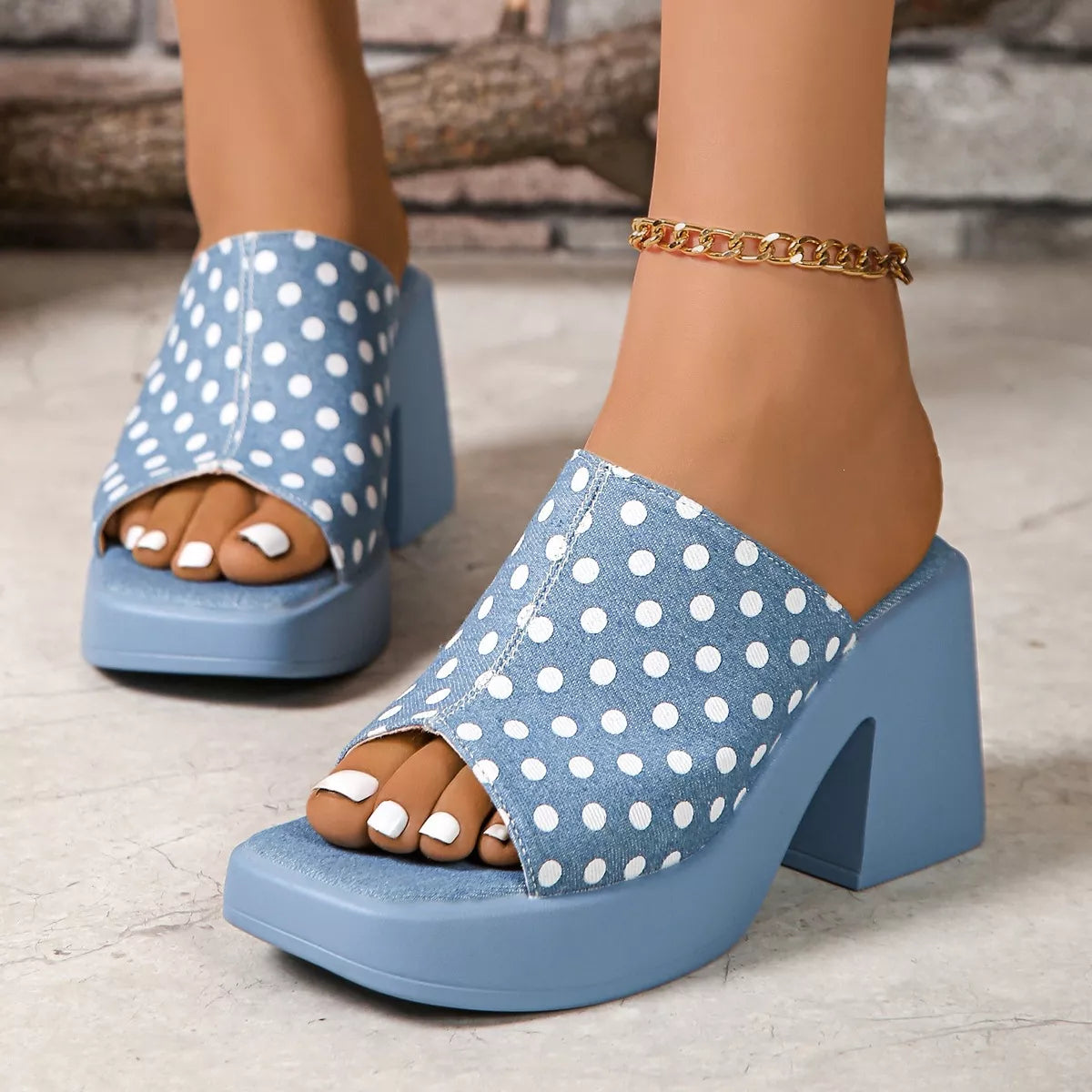 Open Toe Block Heels Sandals - Denim Color - View 3