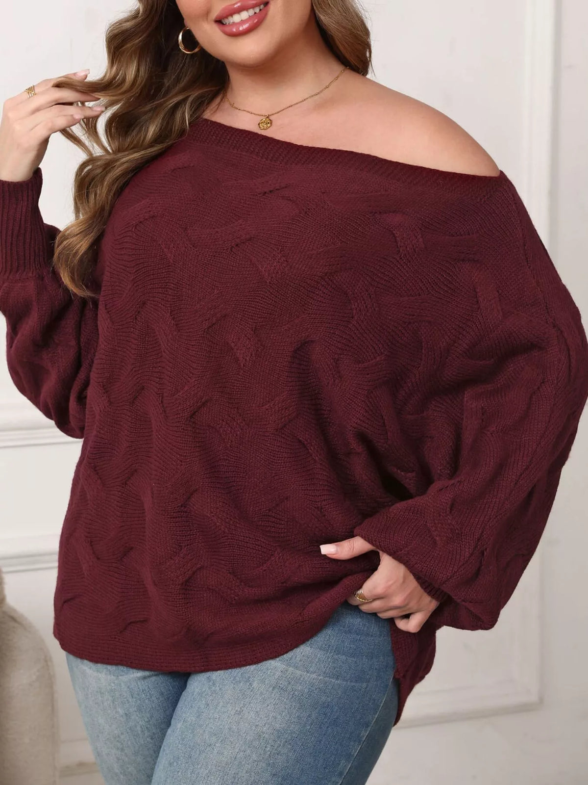 Plus Size Off-Shoulder Long Sleeve Sweater - Burgundy - View 2