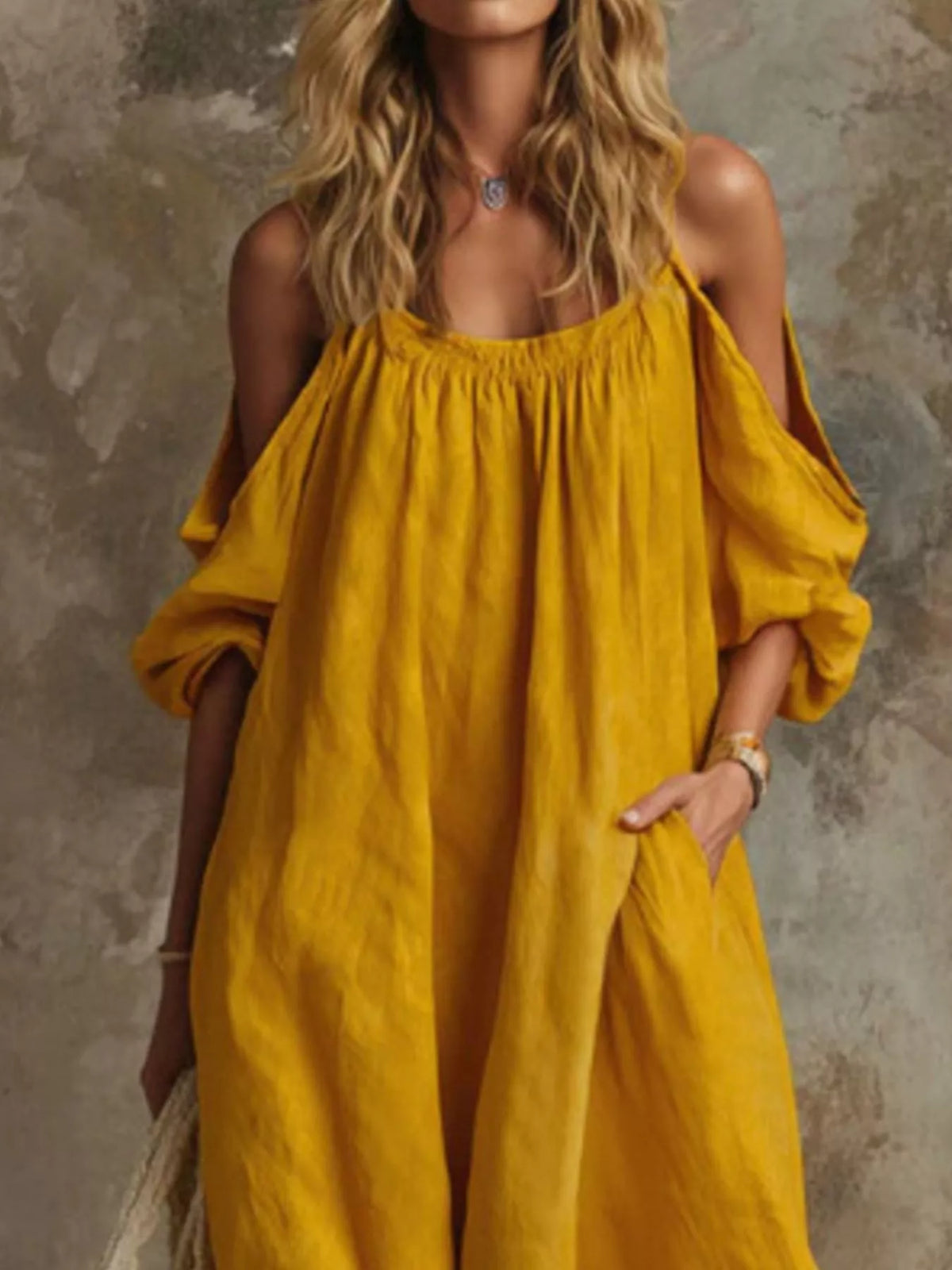 Full Size Cold-Shoulder Linen Maxi Dress Plus Size - Mustard - View 3