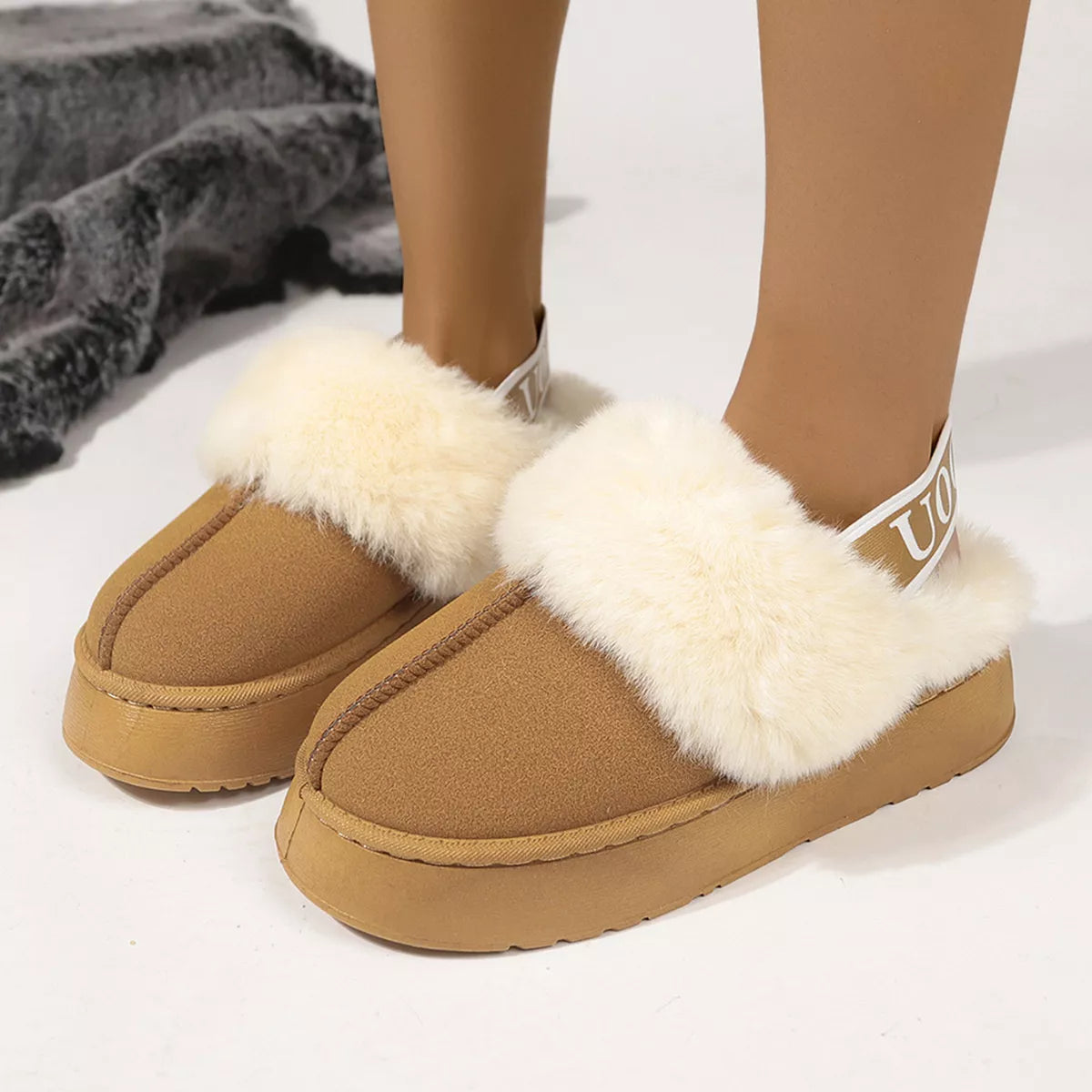 Round Toe Fur Trim Platform Slippers - Caramel - View 9