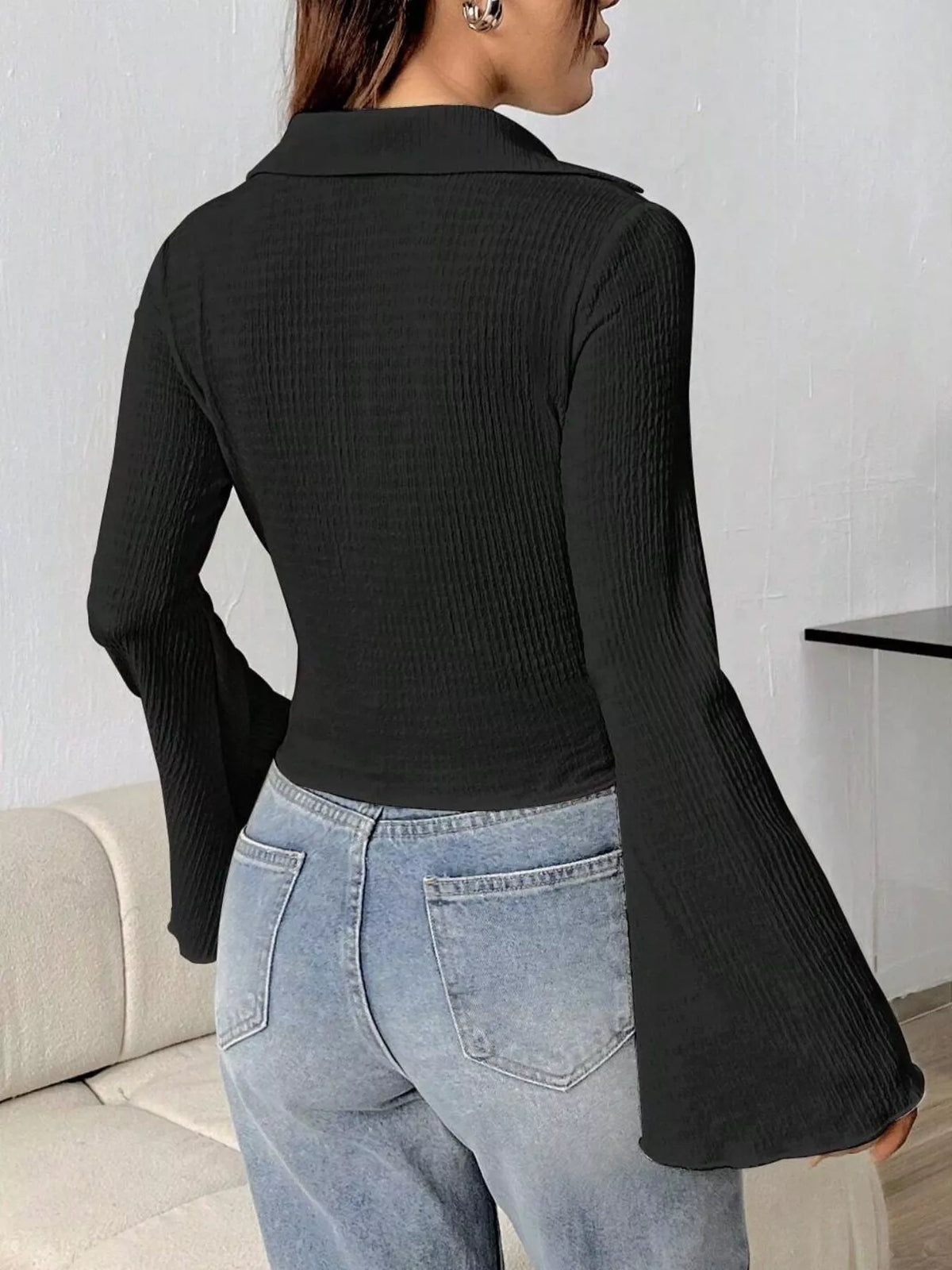 Button Up Flare Sleeve Shirt - Black - View 18