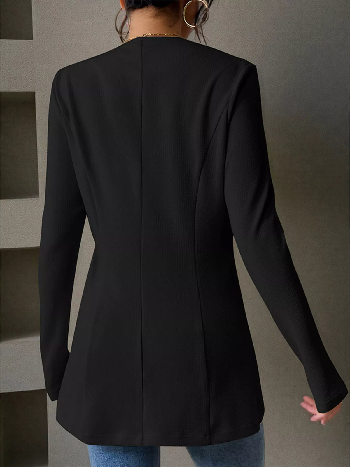 One Button Long Sleeve Blazer - Black - View 16