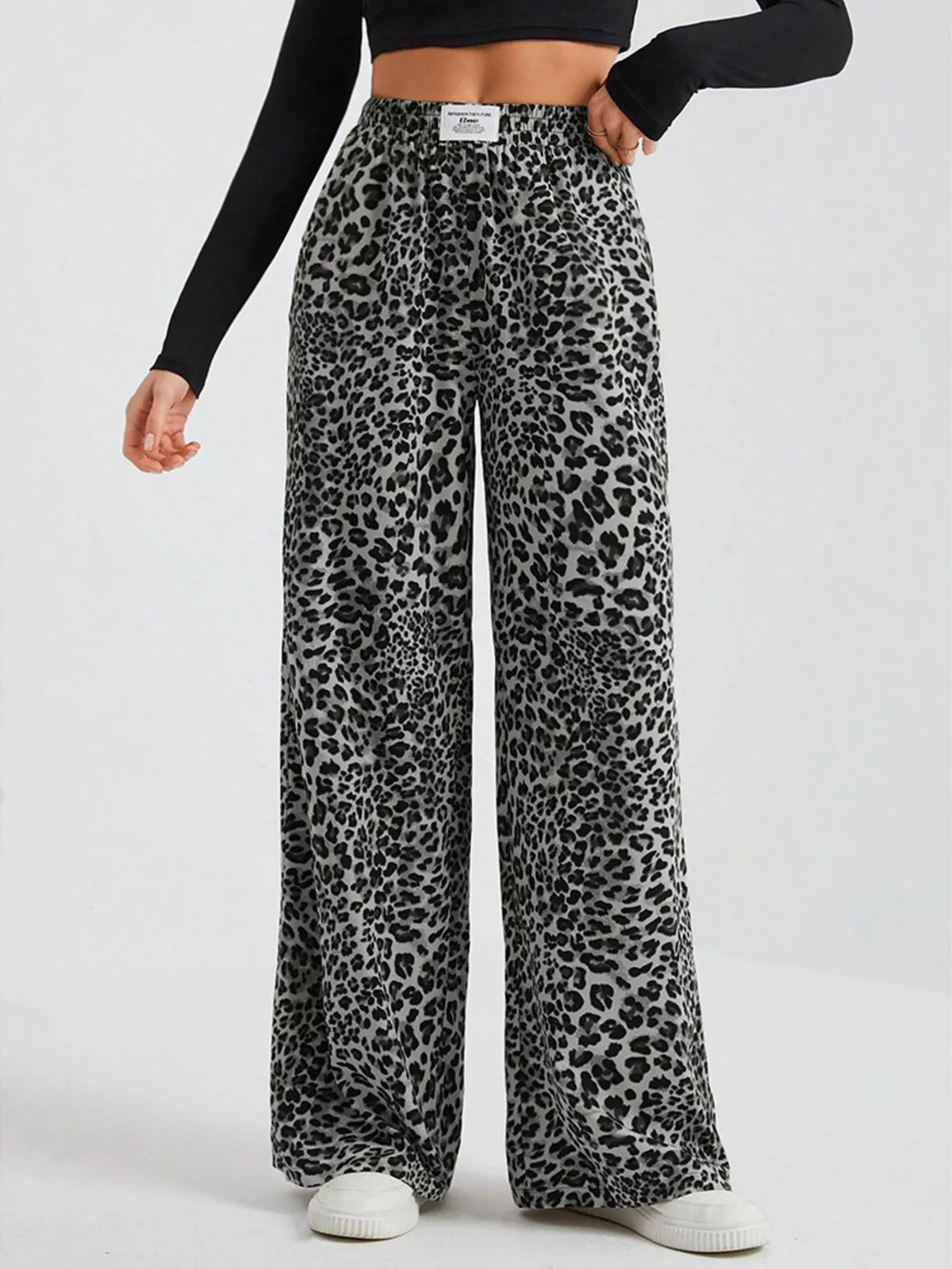 Full Size Leopard Print Wide Leg Pants Plus Size - Black - View 3