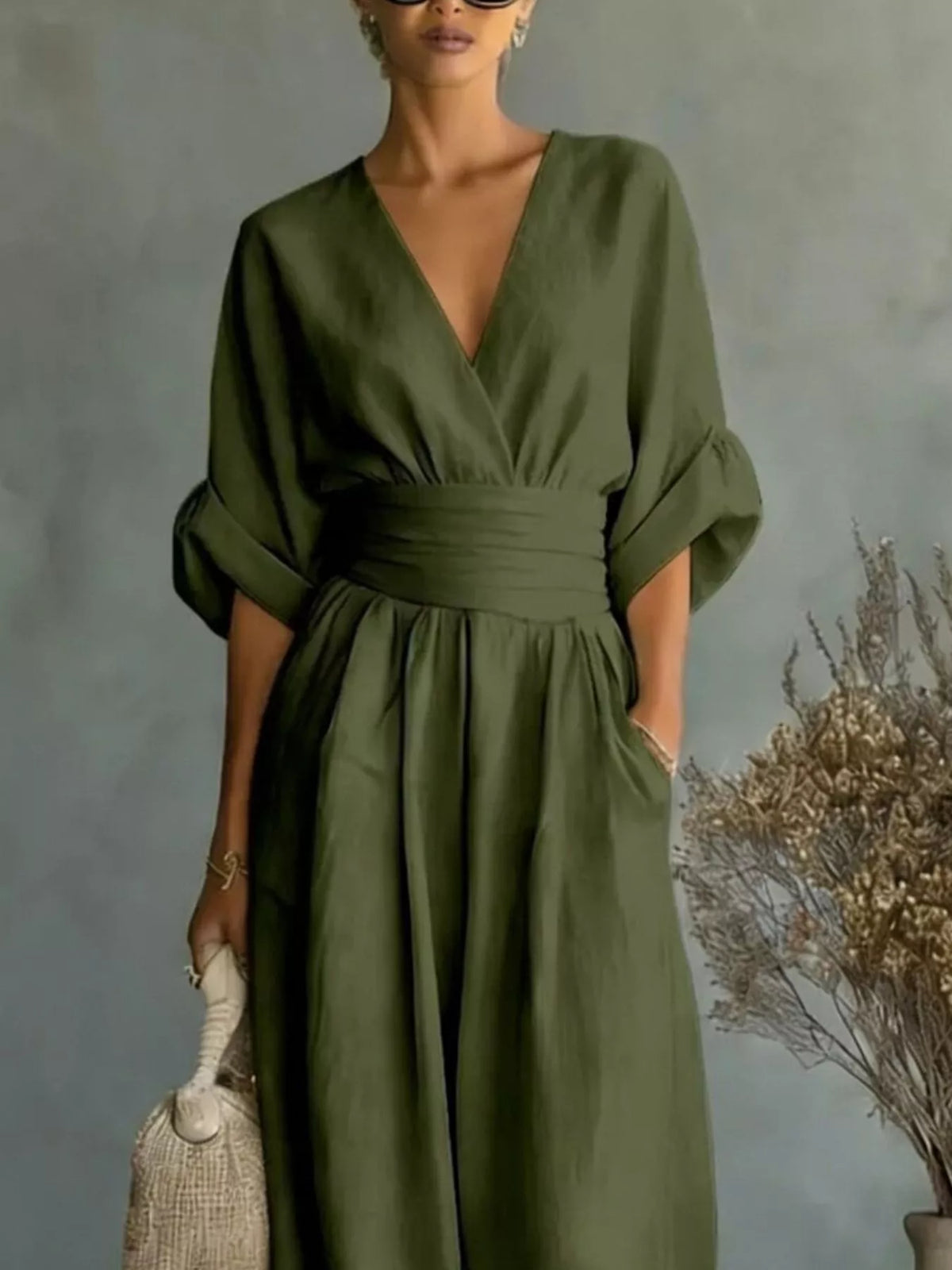 Full Size Half Sleeve Wide-Leg Jumpsuit Plus Size - Dark Green - View 2