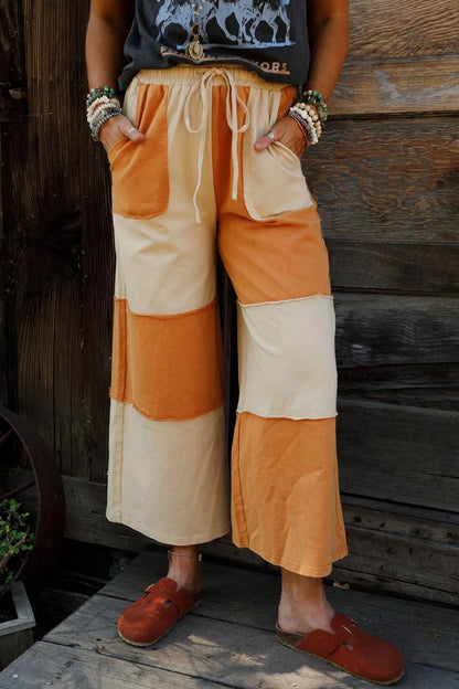 Raw Seam Colorblock Wide Leg Ankle Length Casual Pants - Orange - View 2