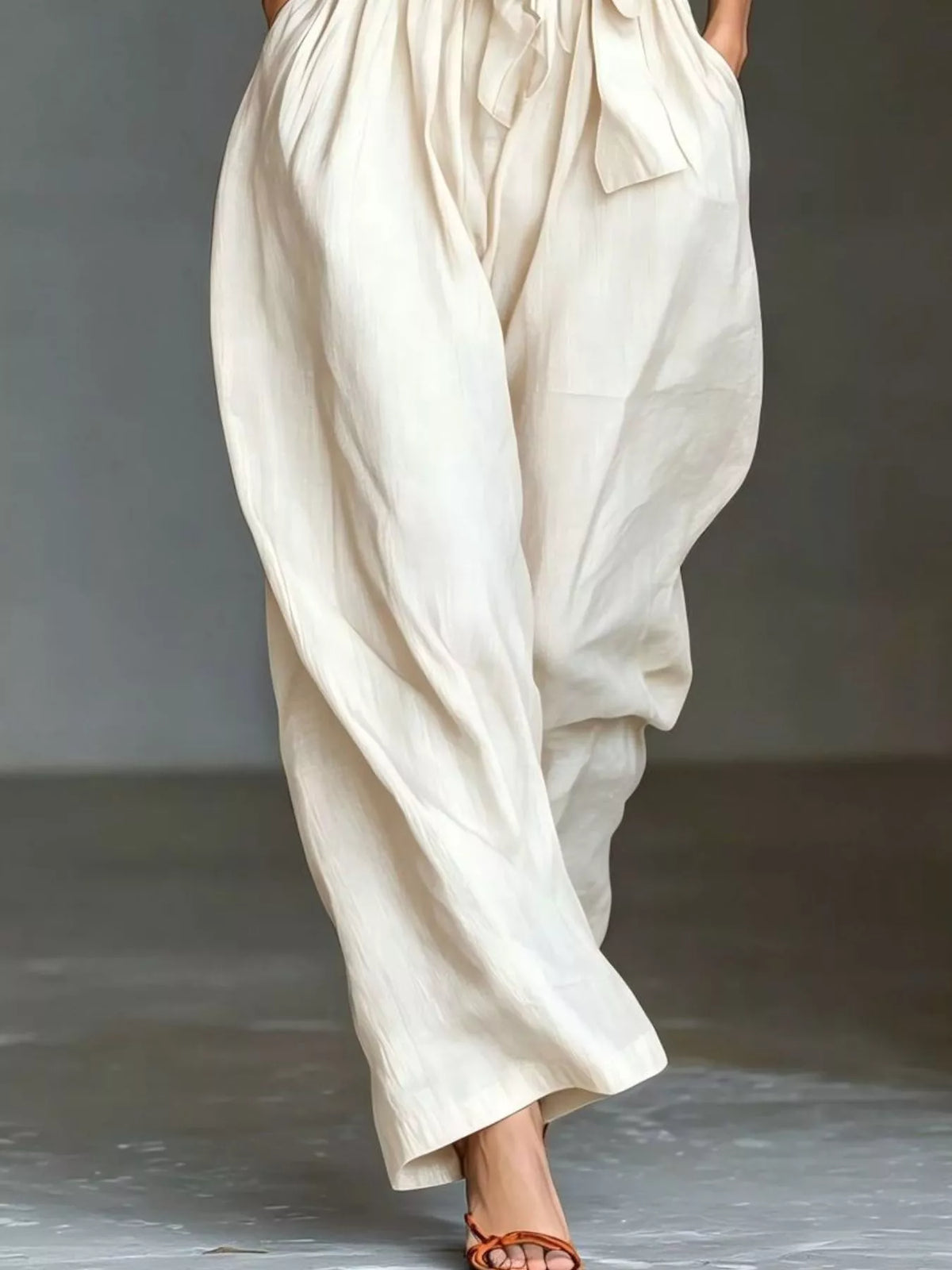 Halter Neck Wide-Leg Jumpsuit with Waist-Tie Detail - Milky White - View 3