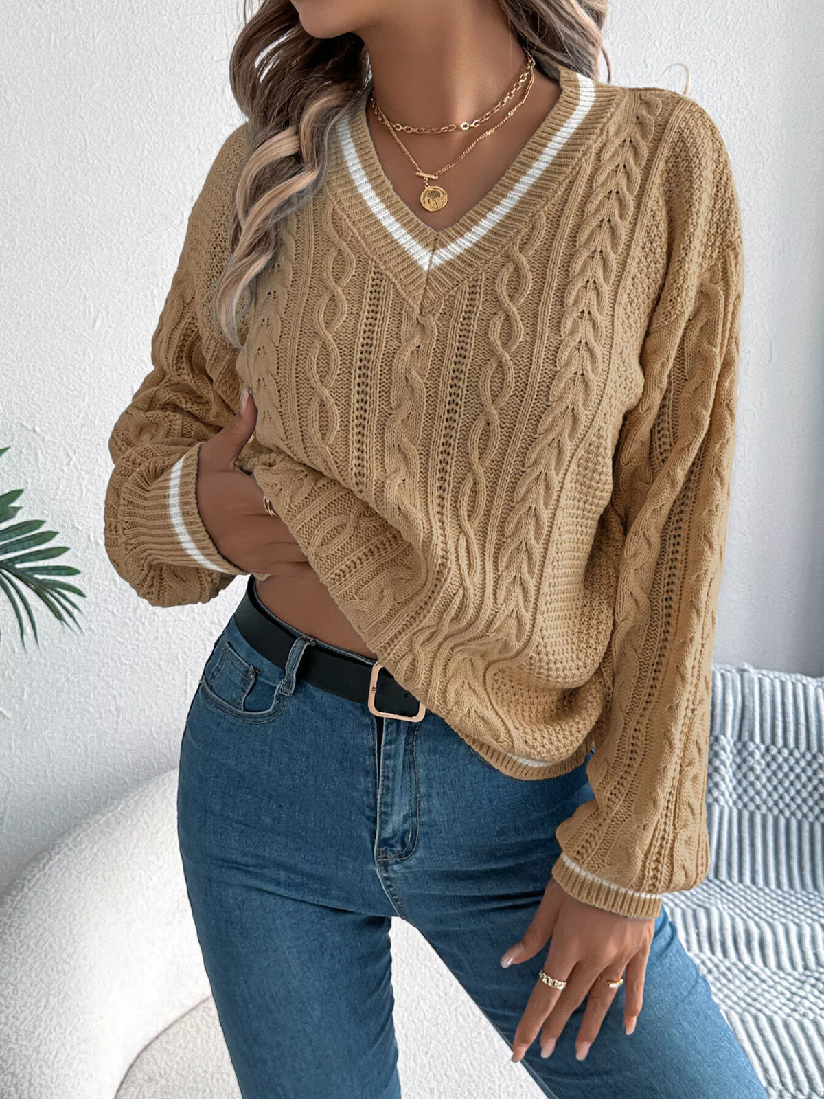 V-Neck Cable Knit Sweater with Striped Trim - Khaki - View 4