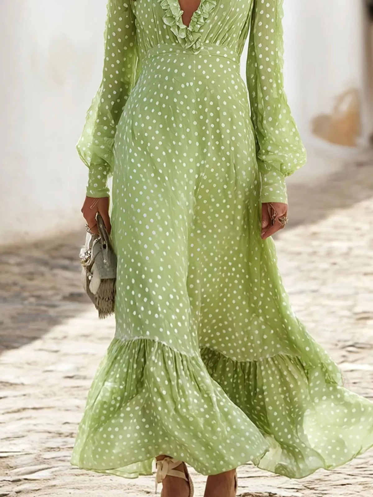 Full Size Polka Dot Ruffle V-Neck Maxi Dress Plus Size - Light Green - View 3