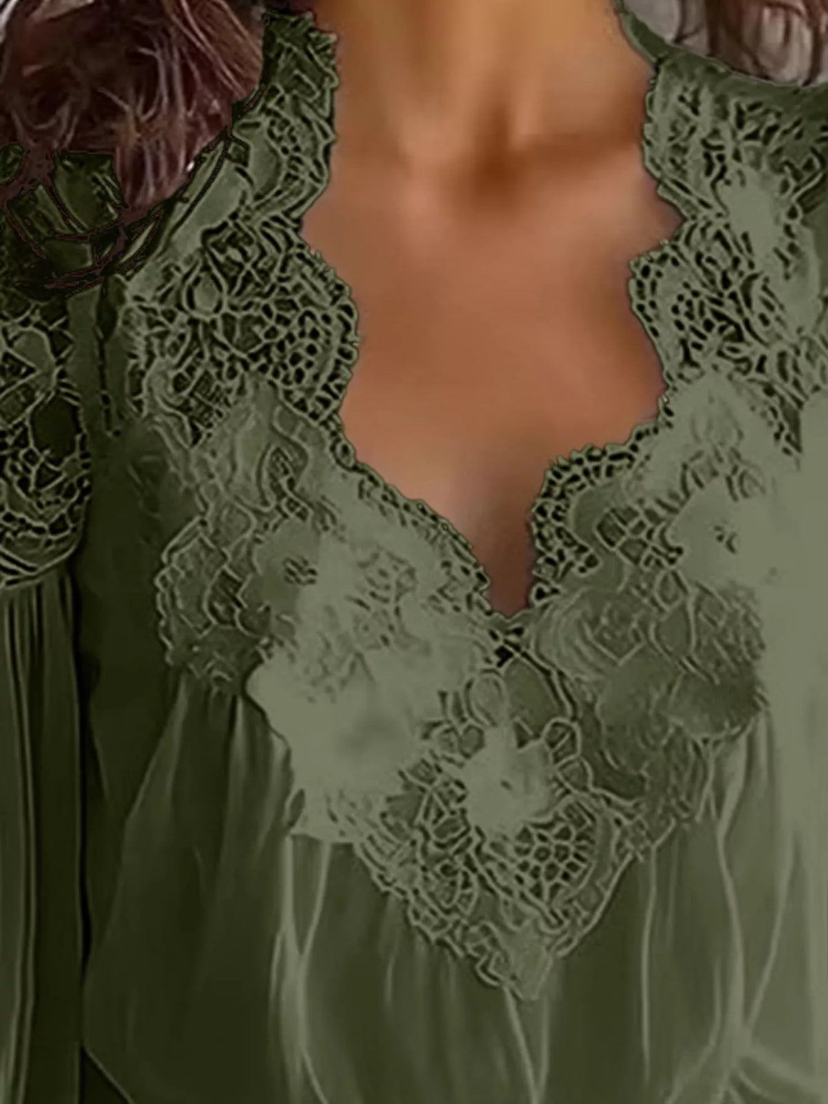 Full Size Lace V-Neck Flounce Sleeve Blouse Plus Size - Army Green - View 11