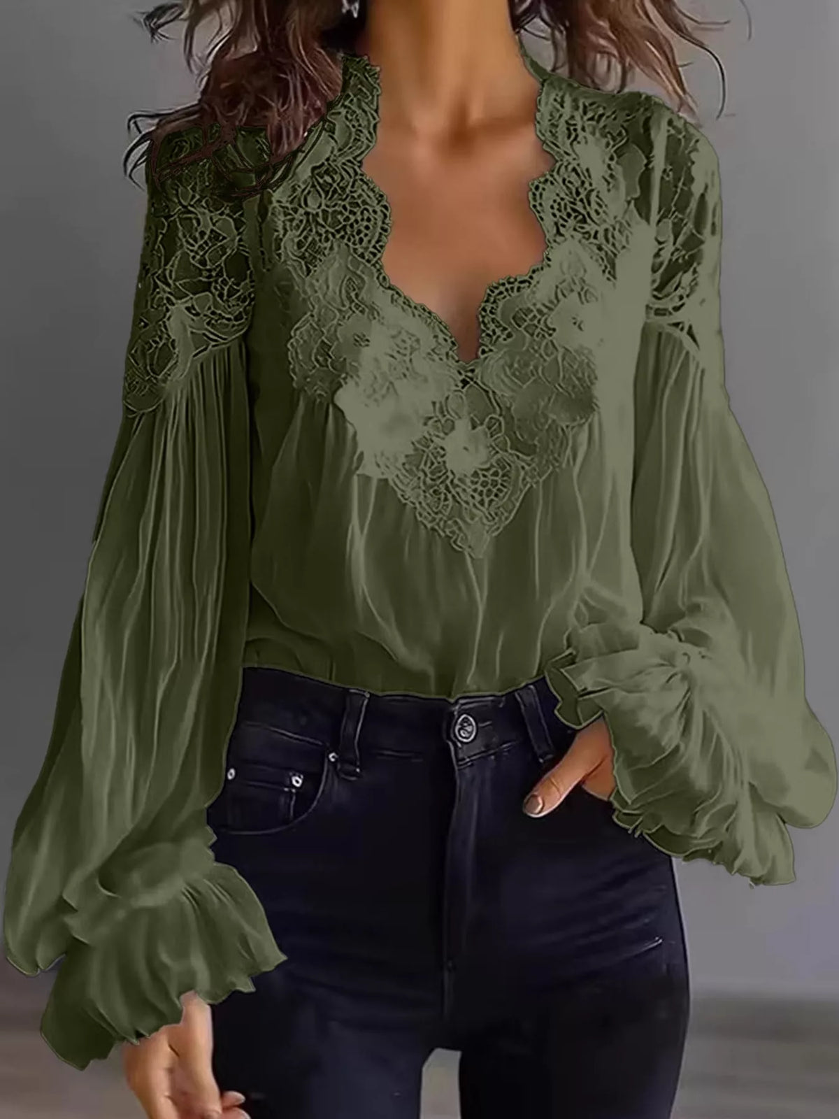 Full Size Lace V-Neck Flounce Sleeve Blouse Plus Size - Army Green - View 10