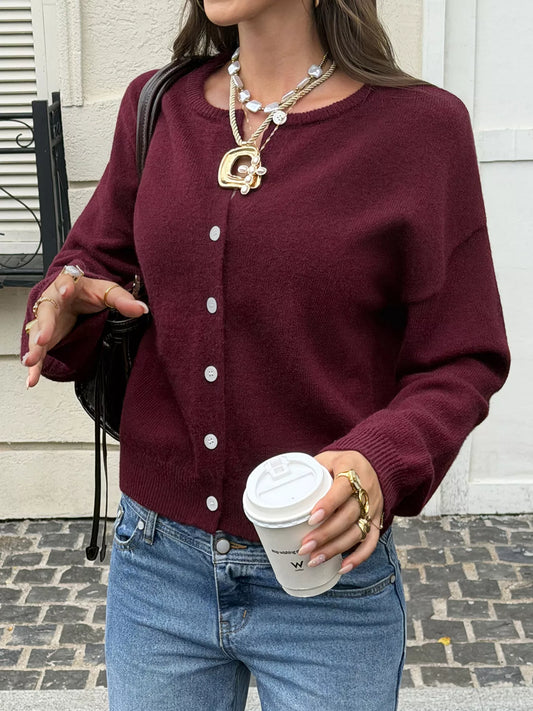 Button-Down Dropped Shoulder Cardigan - Wine Red - View 2
