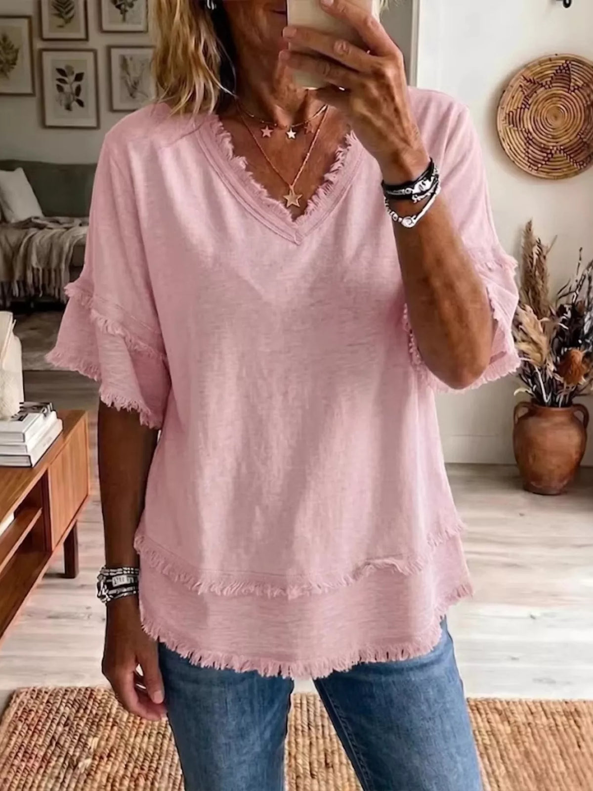 Full Size Frayed Edge V-Neck Blouse Plus Size - Pink - View 1