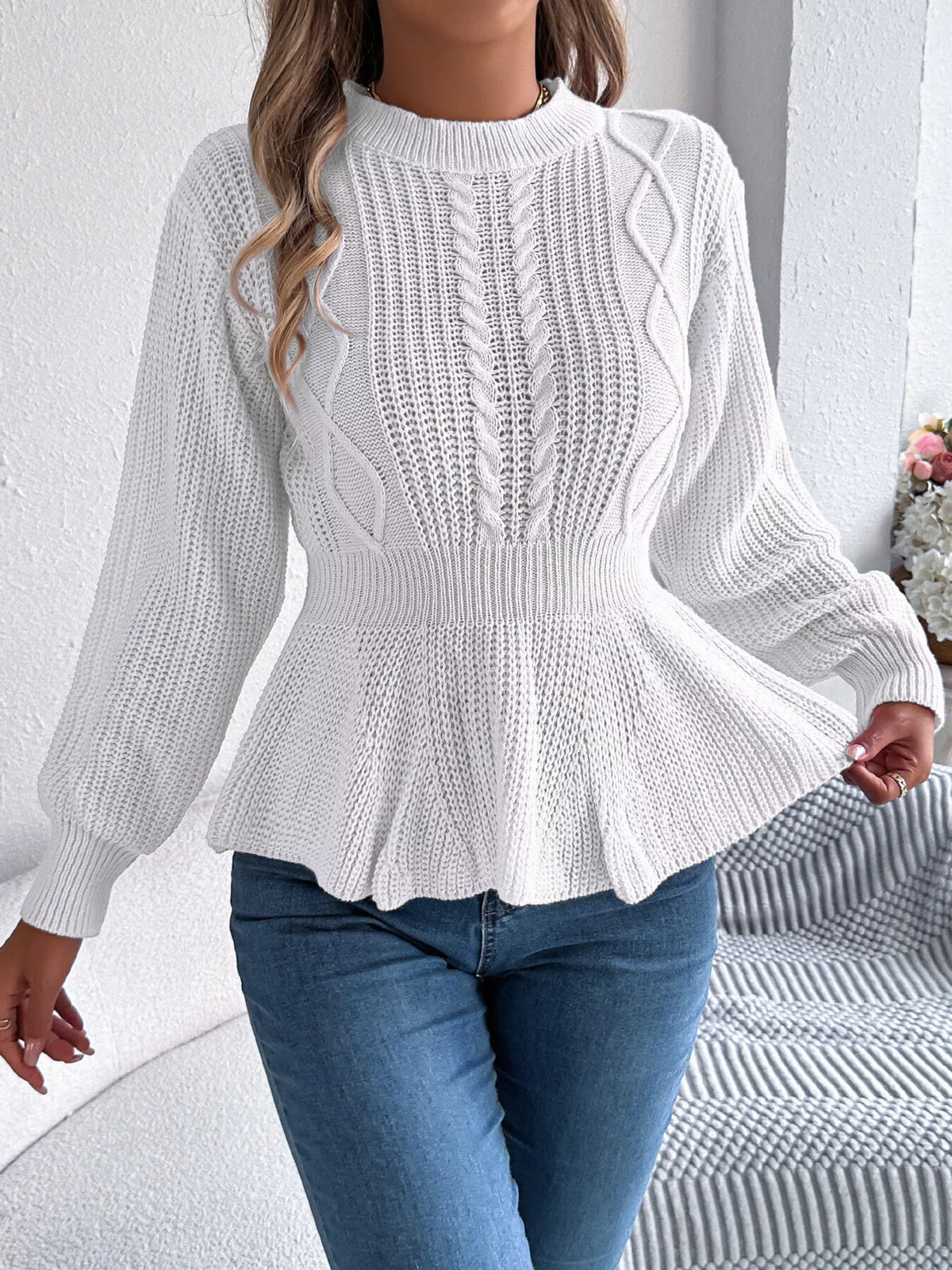 Cable Knit Peplum Sweater - White - View 6