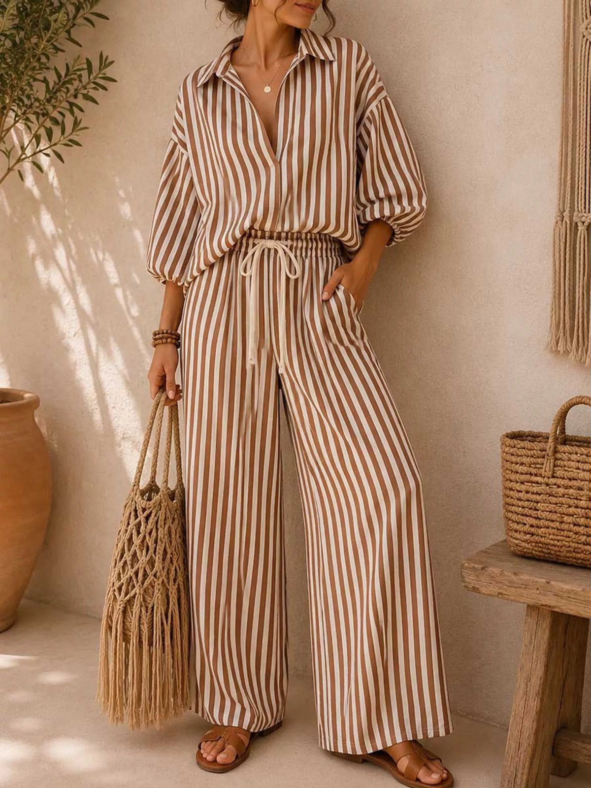 Striped Collared Shirt and Wide-Leg Drawstring Pants Set - Khaki - View 1