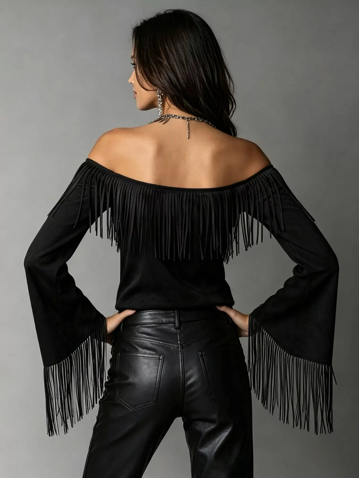 Full Size Fringed Off-Shoulder T-Shirt Plus Size - Black - View 2