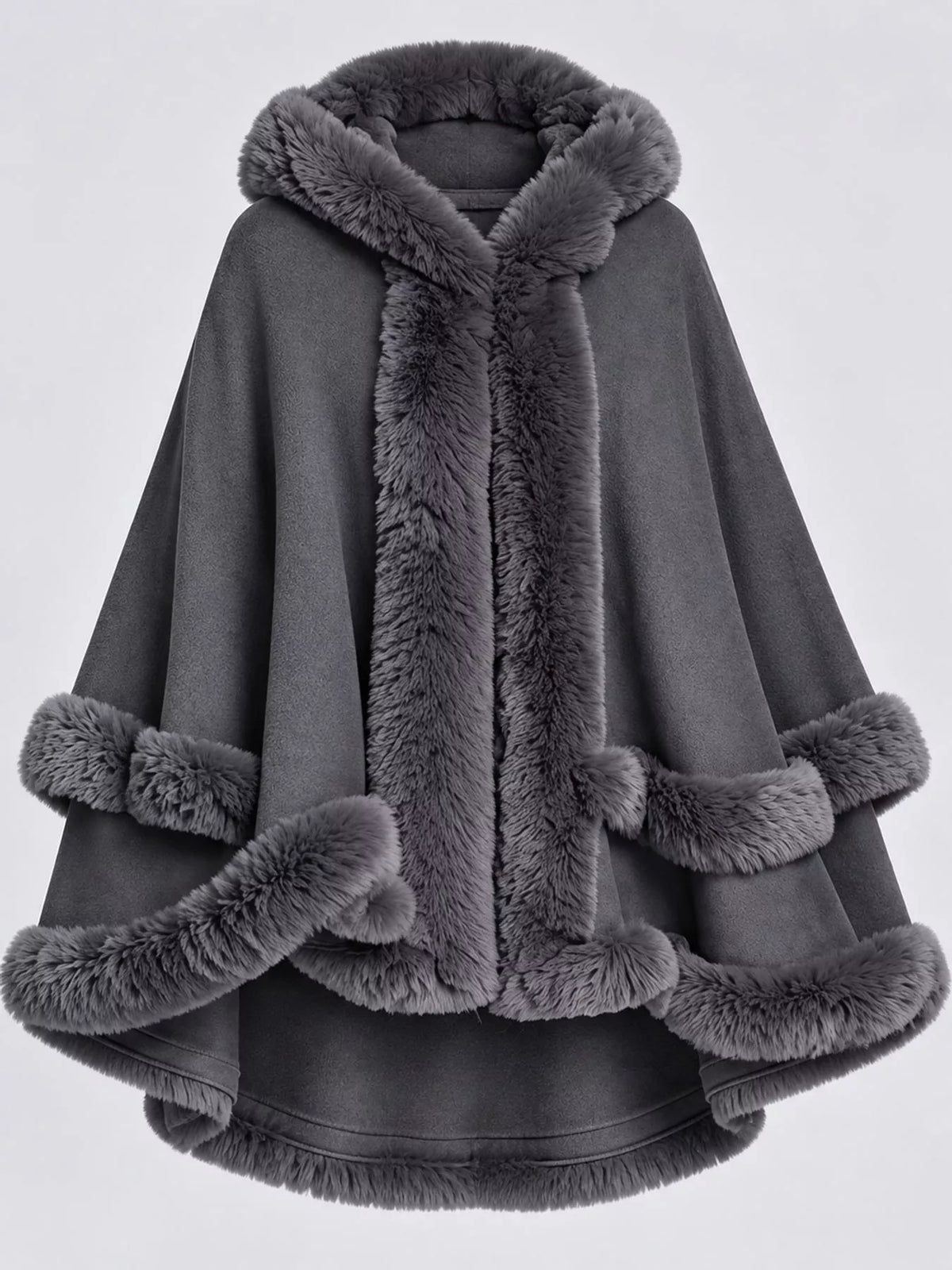 Faux Fur Trimmed Hooded Cape - Dark Gray - View 10