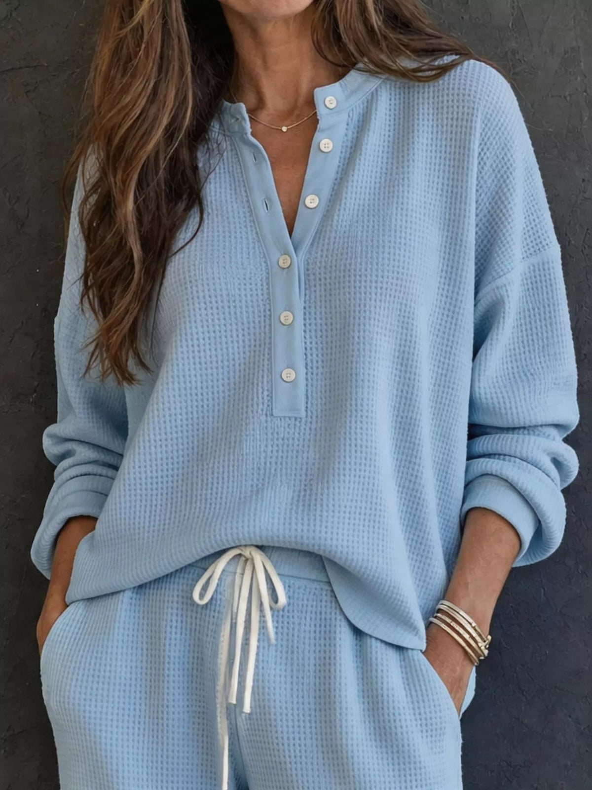 Waffle Knit Henley Top and Wide Leg Pants Set - Light Blue - View 8