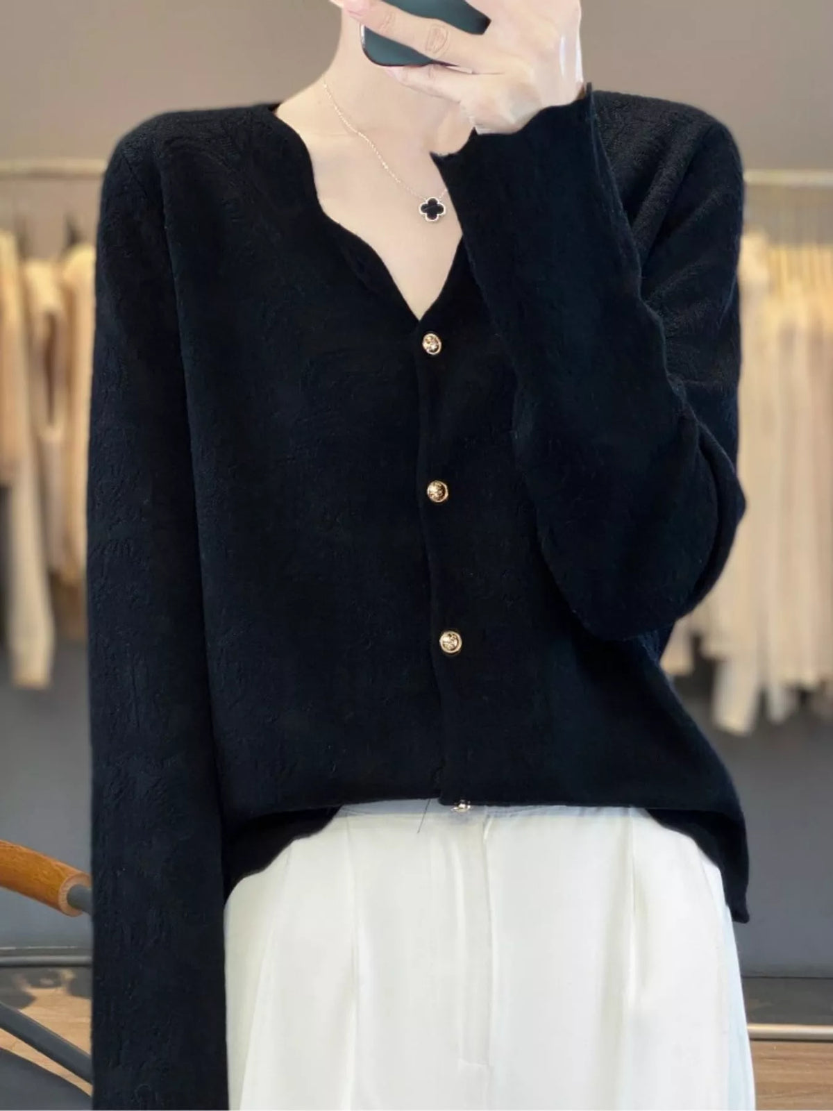 Lace V-Neck Cardigan - Black - View 8