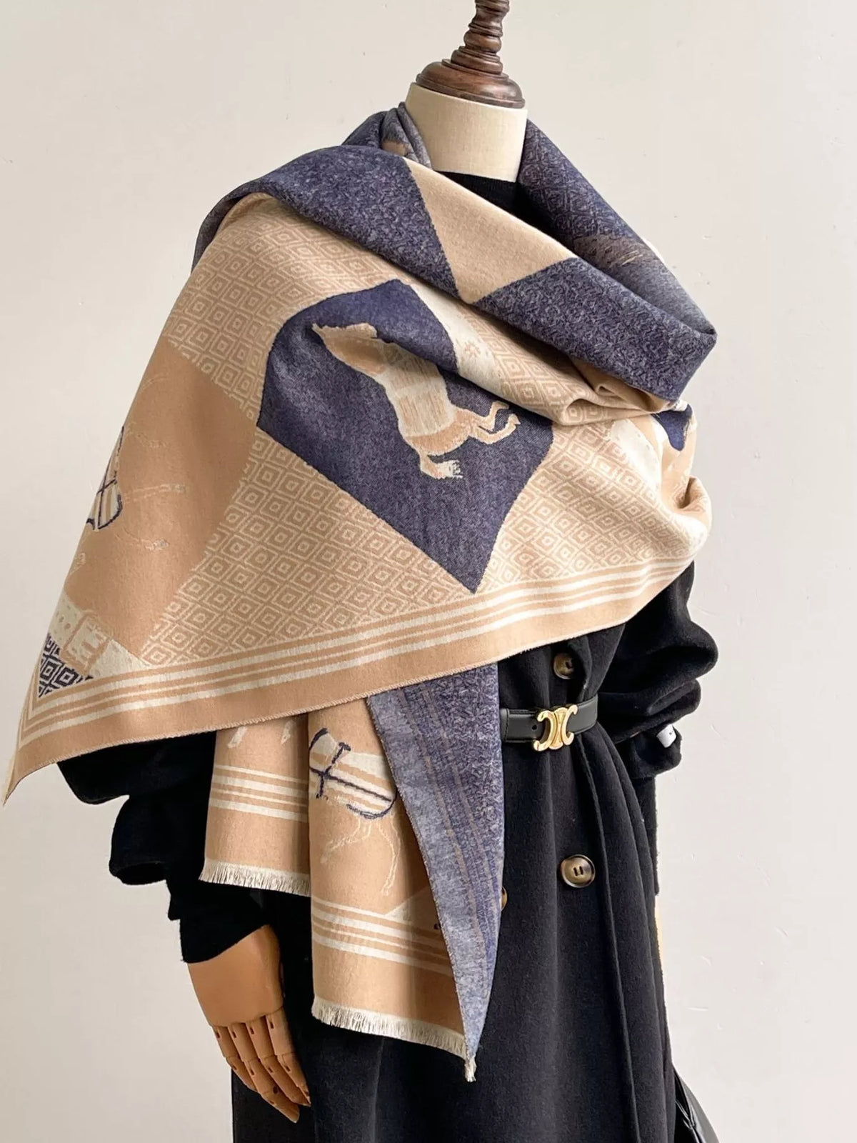 Equestrian Print Reversible Scarf - Blue - View 5