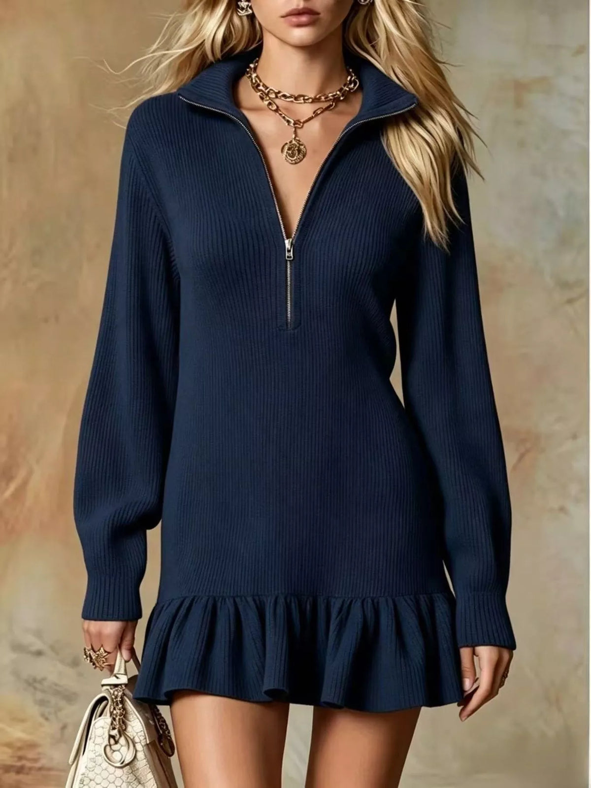 Ruffle Hem Half Zip Dress - Navy - View 1
