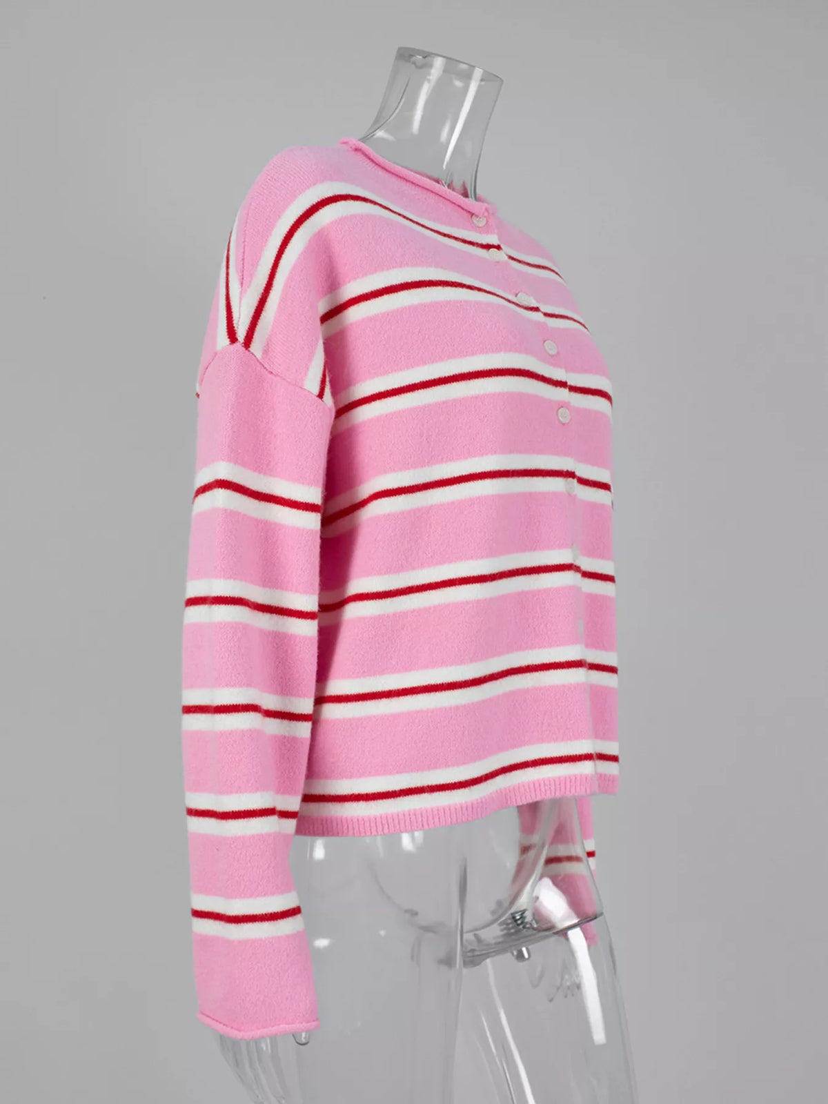 Striped Button-Down Knit Cardigan - Fuchsia Pink - View 8