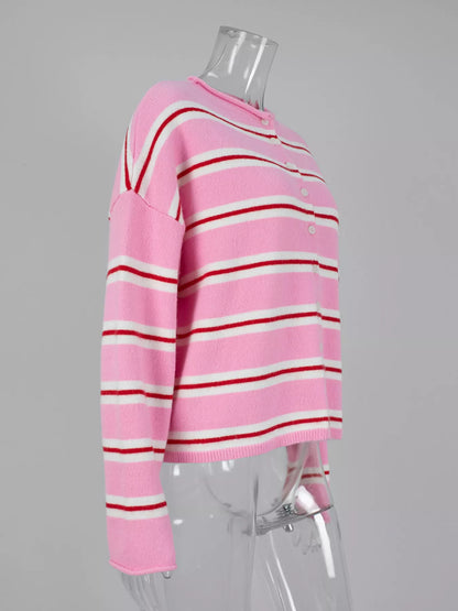 Striped Button-Down Knit Cardigan - Fuchsia Pink - View 8