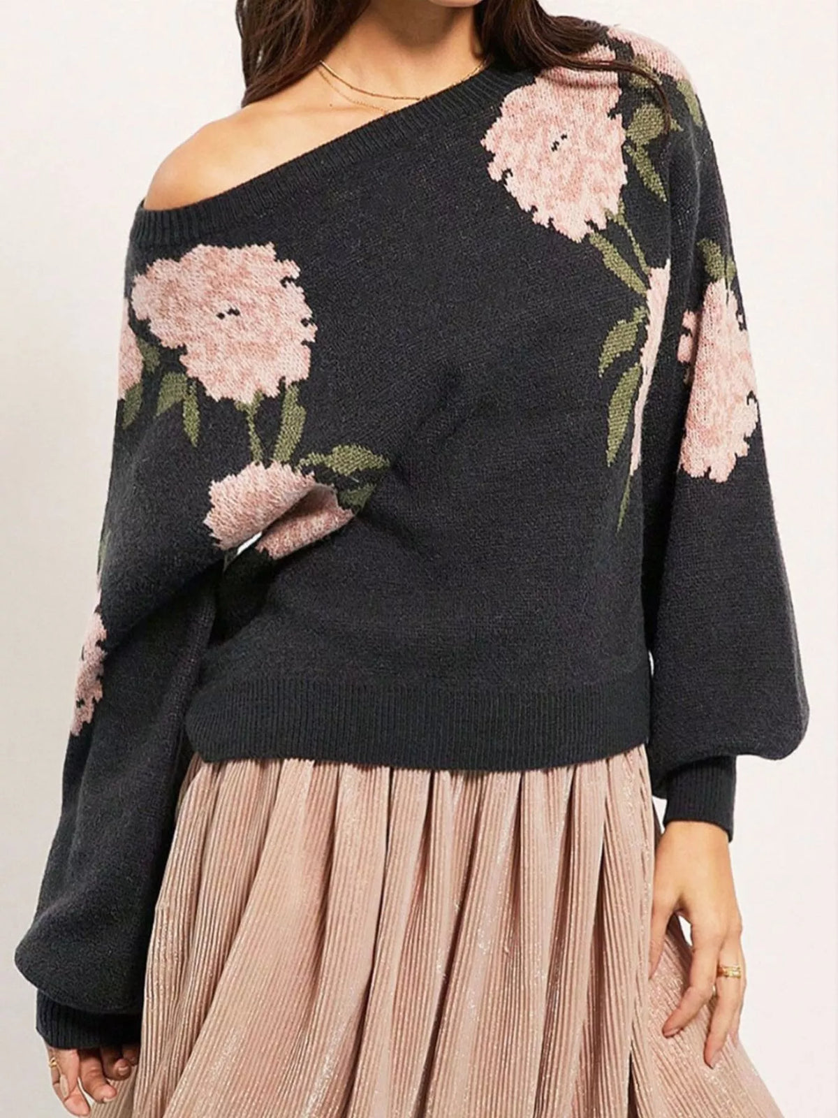 Floral Pattern Dropped Shoulder Sweater - Black - View 10