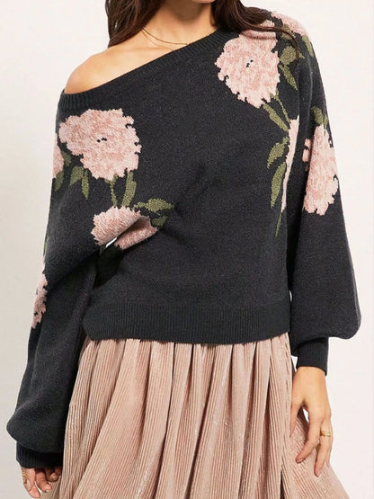 Floral Pattern Dropped Shoulder Sweater - Black - View 10