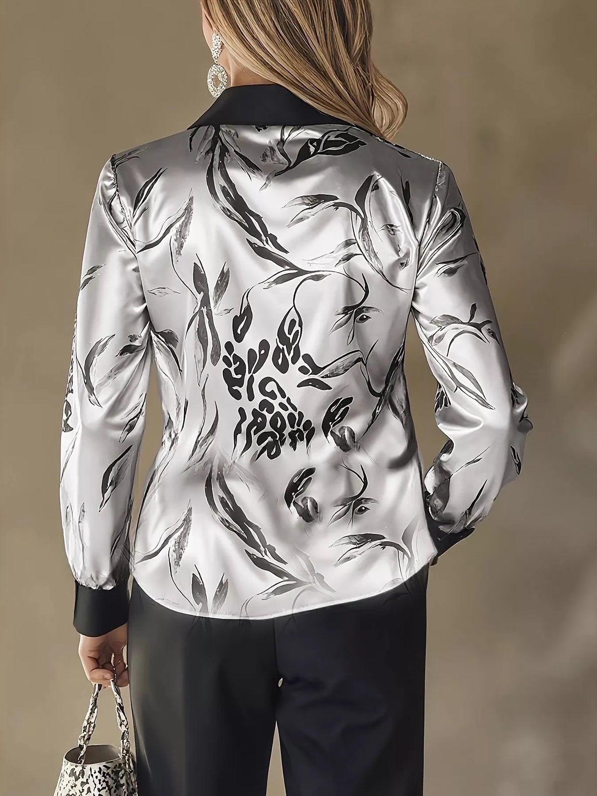 Satin Leopard Button Up Shirt - Silver - View 2