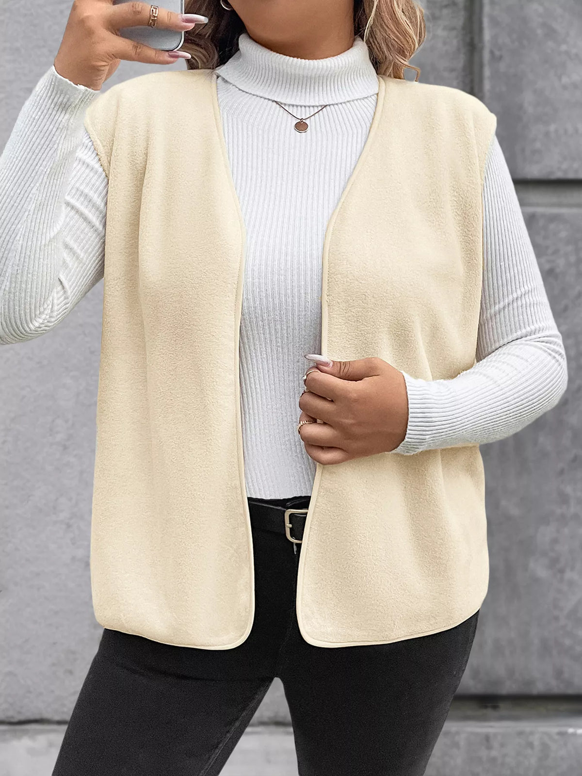 Full Size Open Front Vest Coat Plus Size - Apricot - View 9