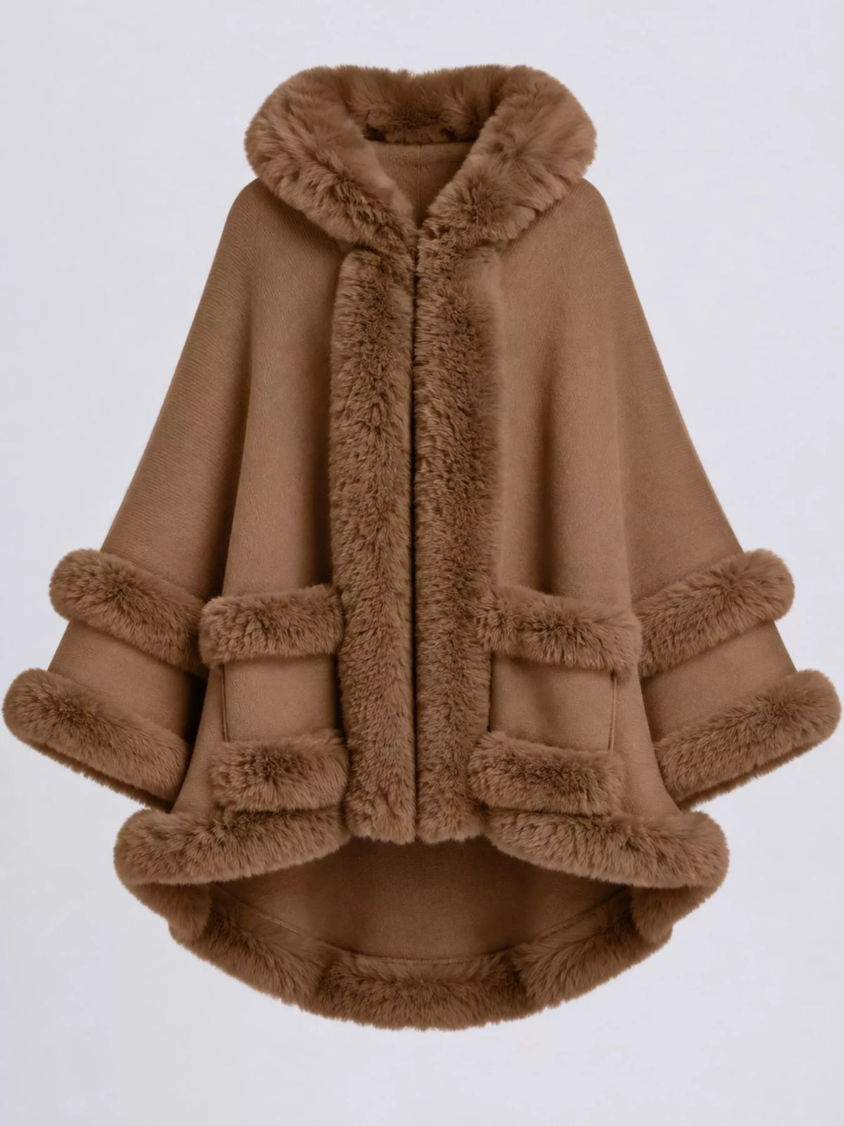 Faux Fur Trimmed Hooded Cape - Khaki - View 32