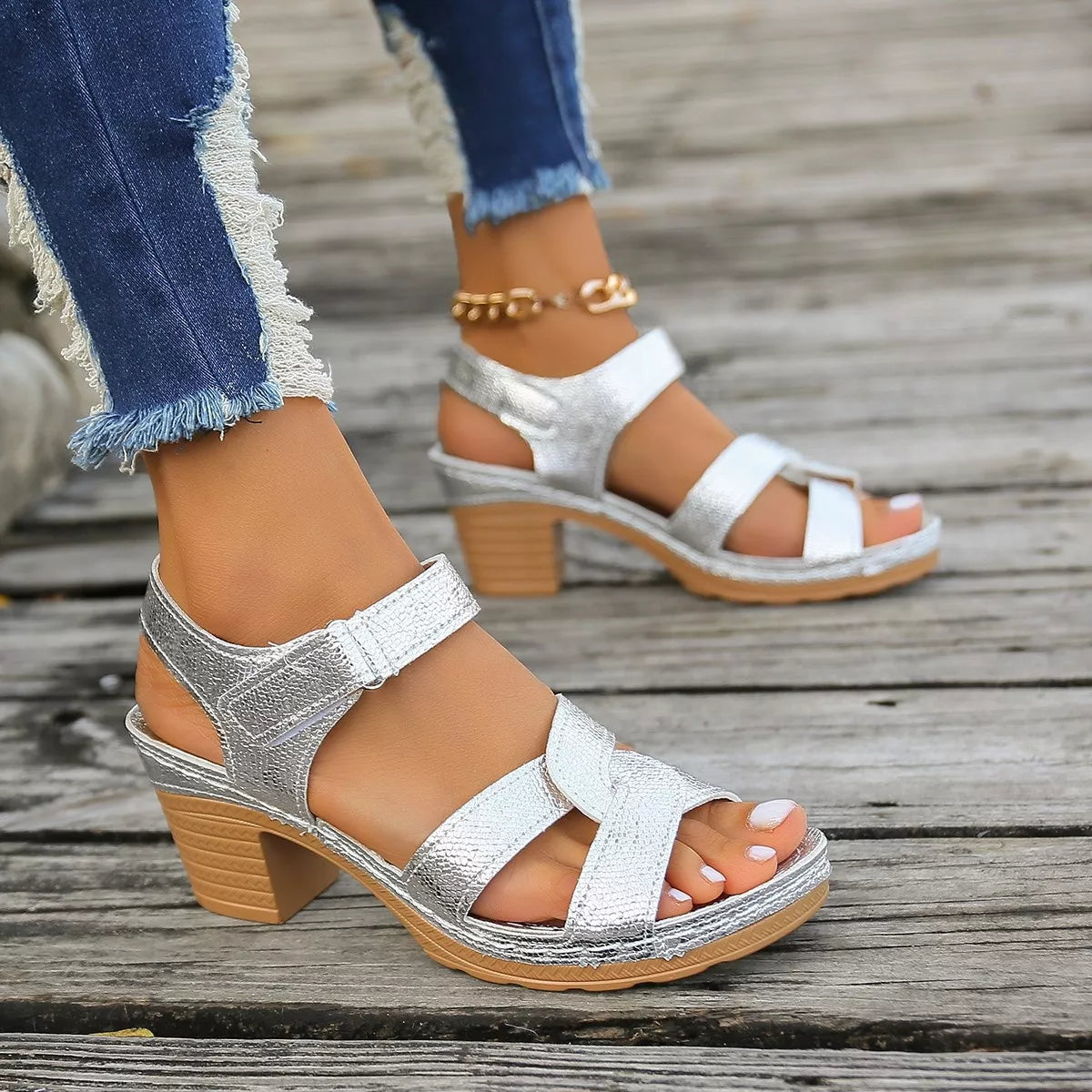 Open Toe Block Heels Sandals - Silver - View 5