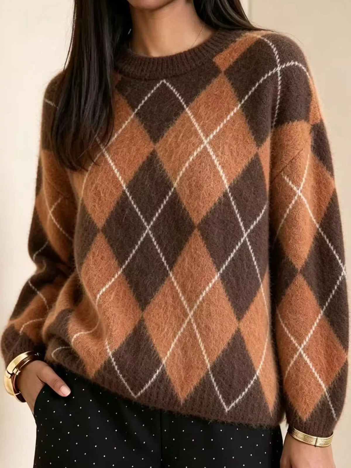 Argyle Pattern Fuzzy Knit Sweater - Orange - View 3